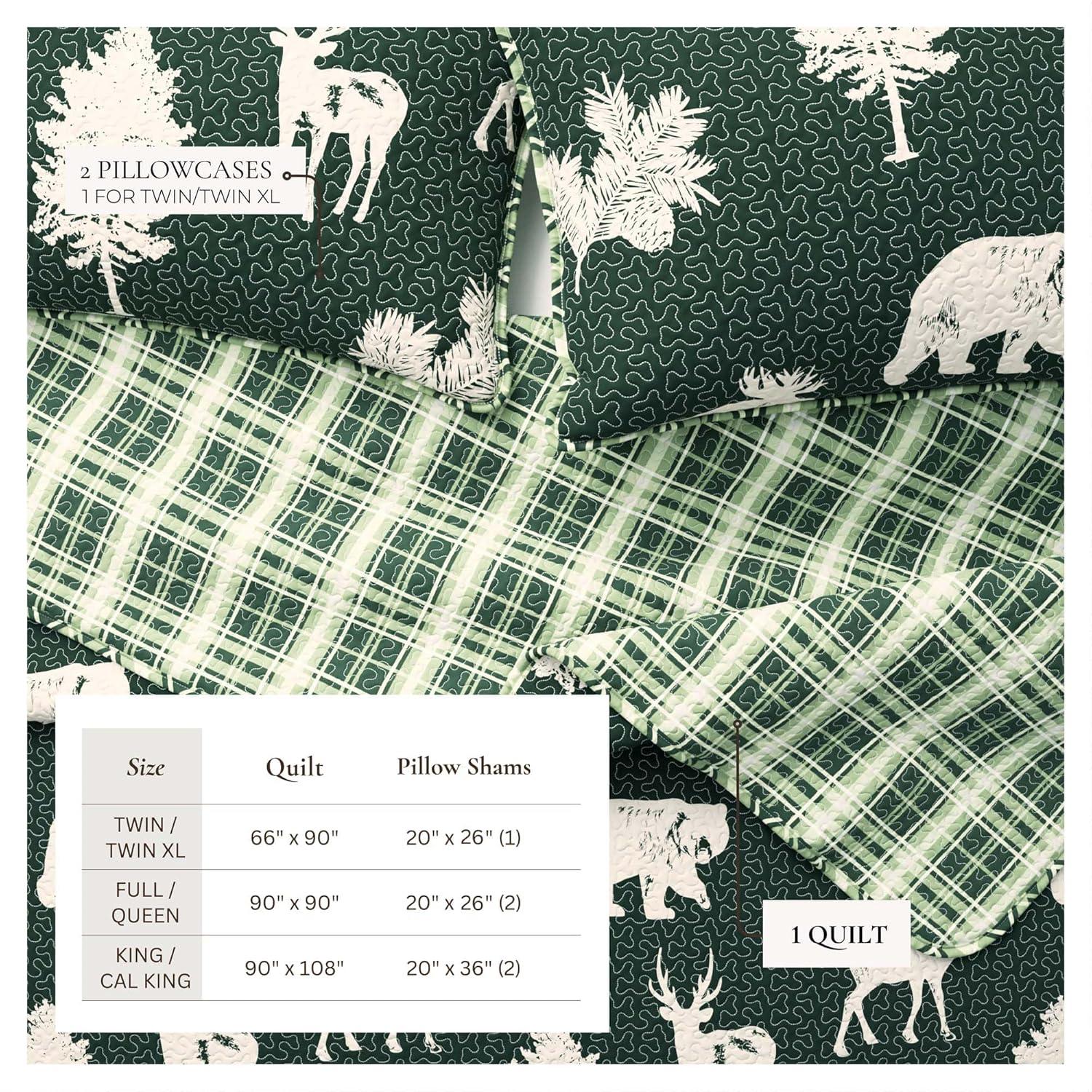FreshFolds Forest Green Nature Quilt Set Reversible Plaid Quilt Set with Shams