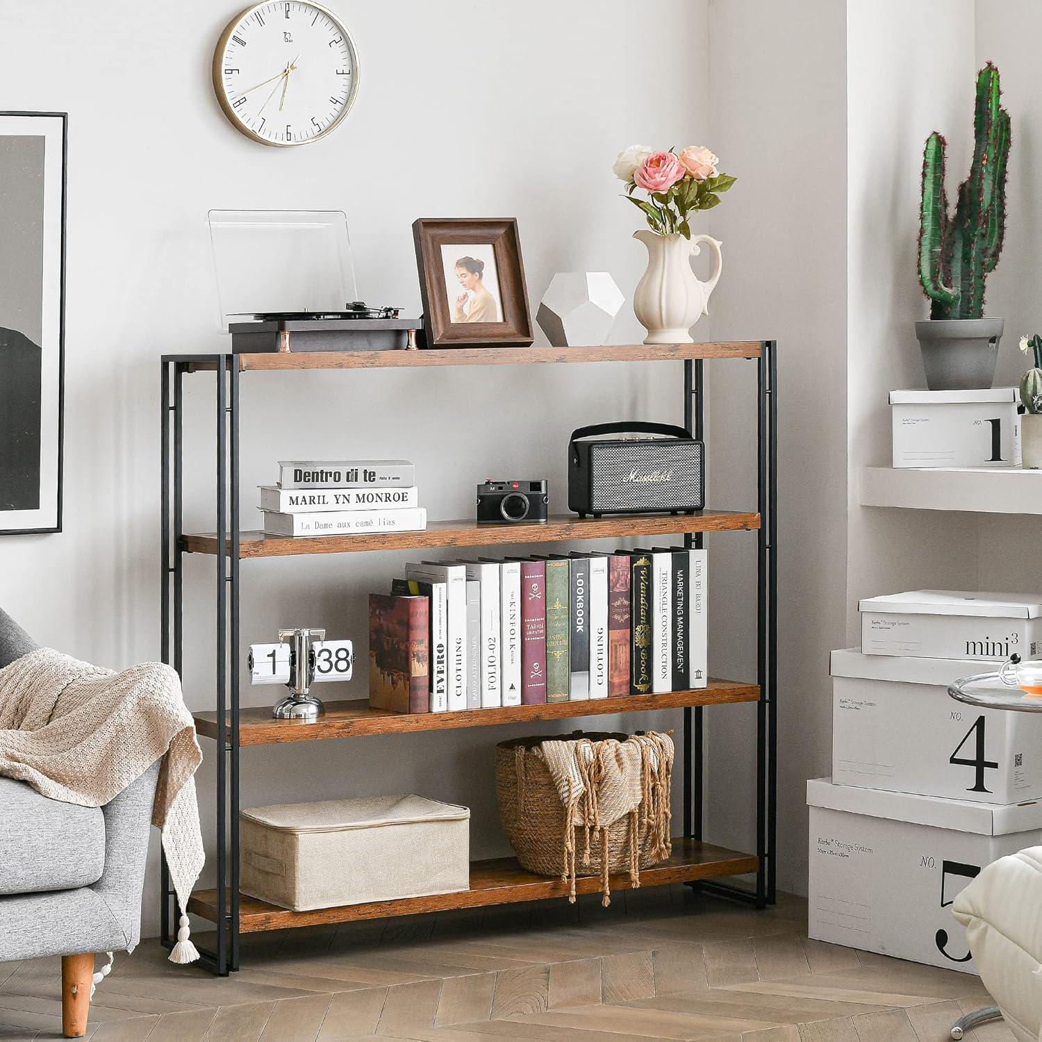 47'' Brown MDF and Metal 4-Tier Industrial Bookshelf