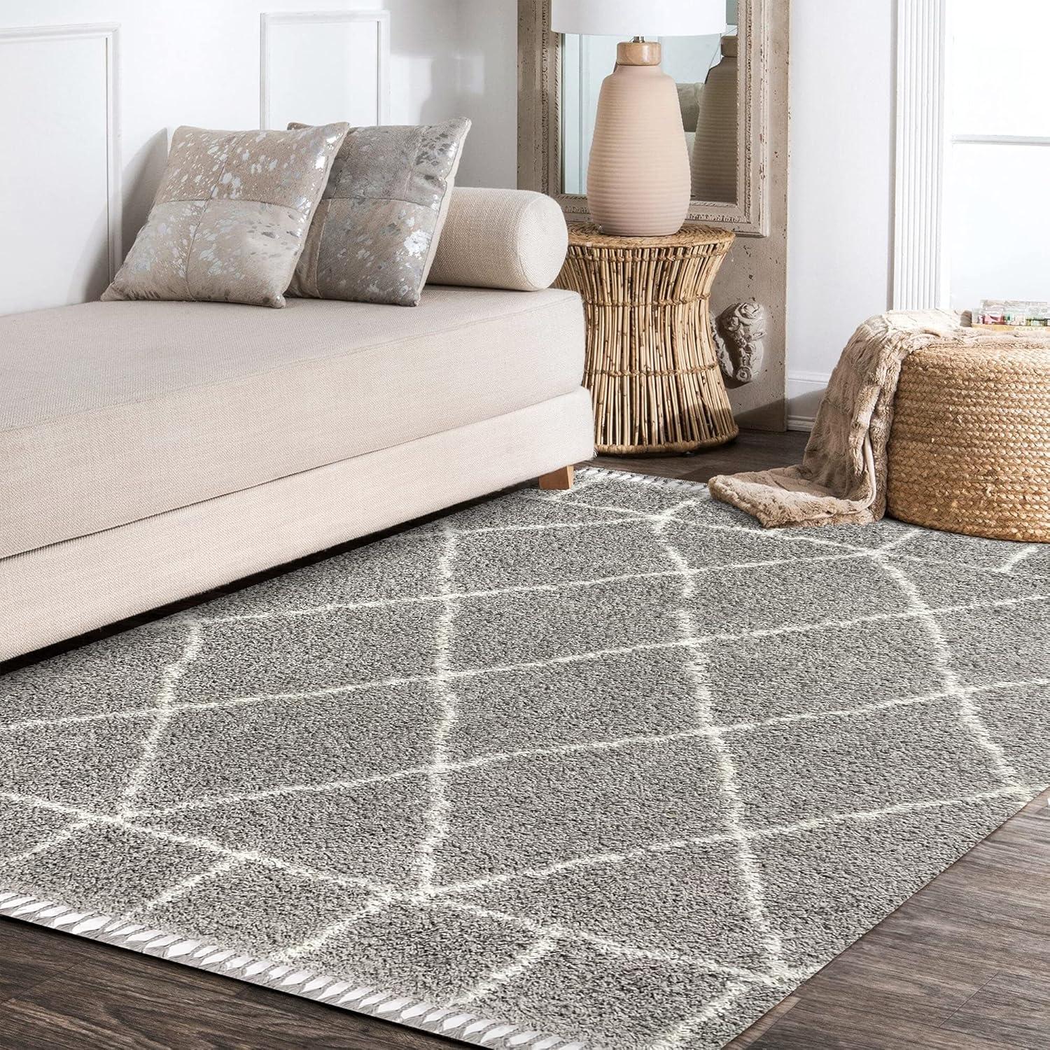 4'x6' Mercer Shag Plush Tassel Moroccan Geometric Trellis Area Rug, Grey/Cream - JONATHAN Y