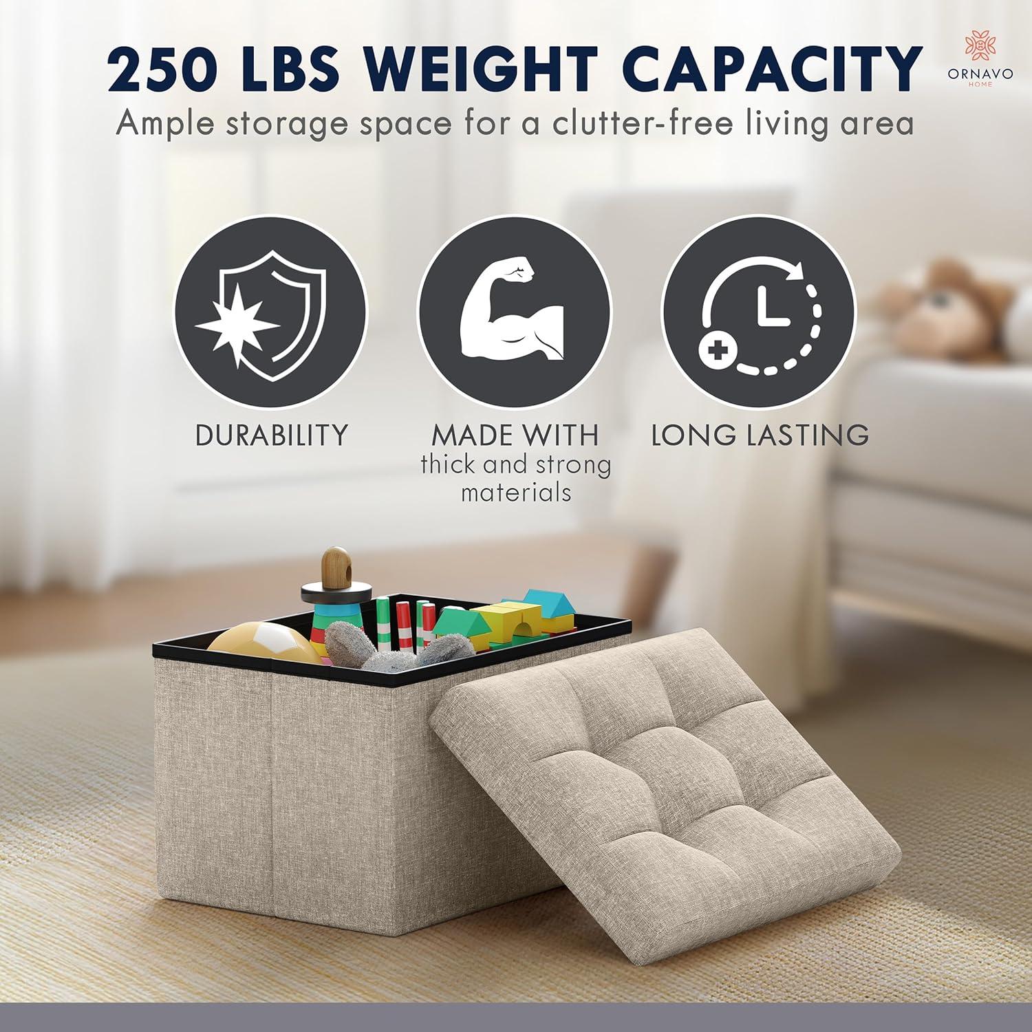 Small White Tufted Linen Foldable Storage Ottoman