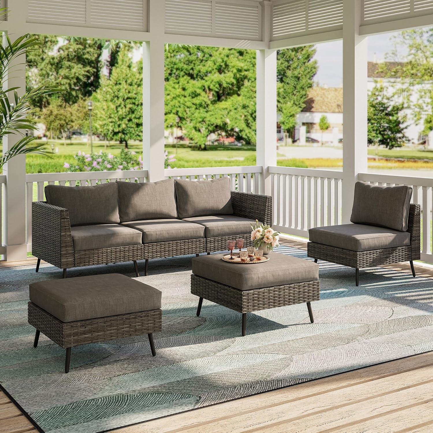 Gray 6-Piece PE Wicker Patio Conversation Set with Cushions