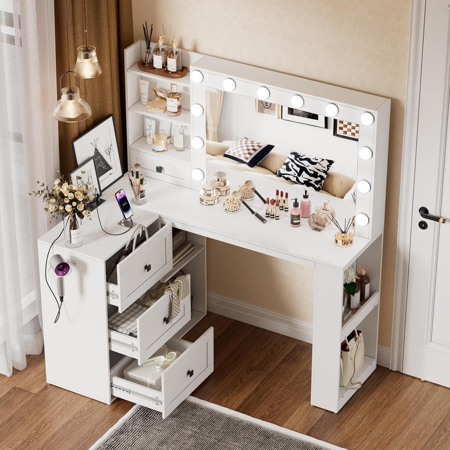 PAKASEPT Vanity Desk with Mirror and Lights, Corner Makeup Table with 3 Color Lighting, White Vanity with Power Strip & Hooks, Hidden and Open Shelves, Adjustable Brightness, 47.2 Inch