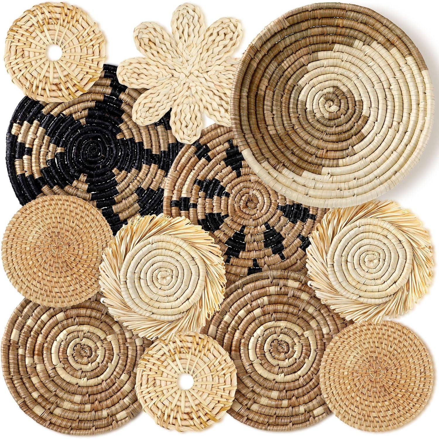 11 Pcs Boho Wall Basket Decor Decorative Bulrush Woven Basket Wall Decor Boho Wall Art Round Farmhouse Wall Hanging Baskets for Rustic Home Kitchen Decorations, Multi Sizes (Retro)