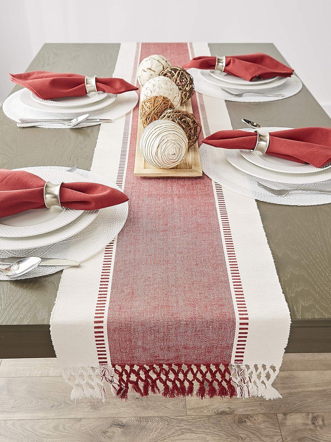 Barn Red and Cream Cotton Fringe Table Runner