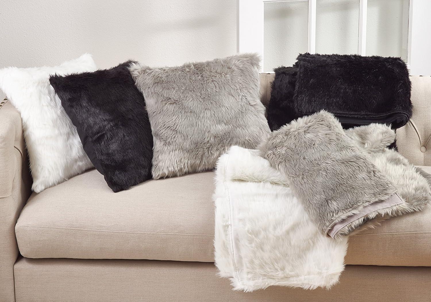 Black Faux Fur Square Throw Pillow with Down Filling