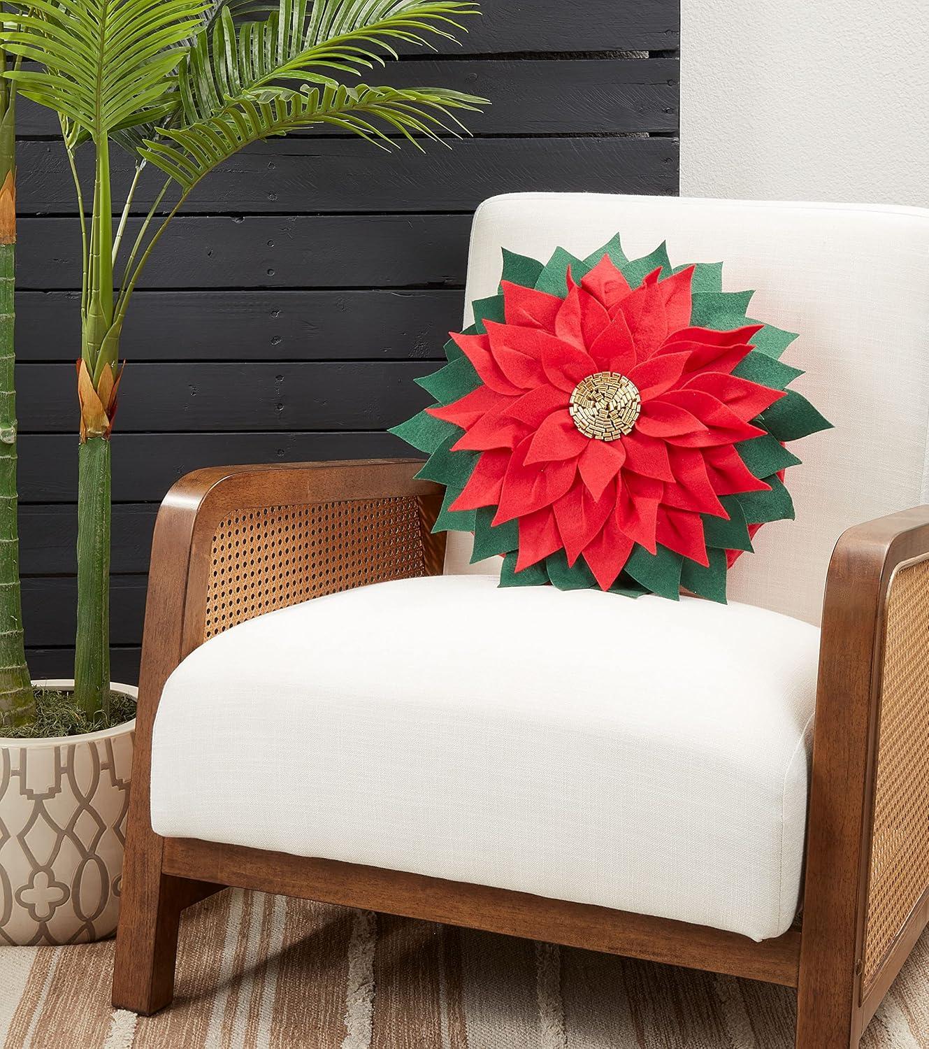 Red and Green Felt Poinsettia Round Throw Pillow