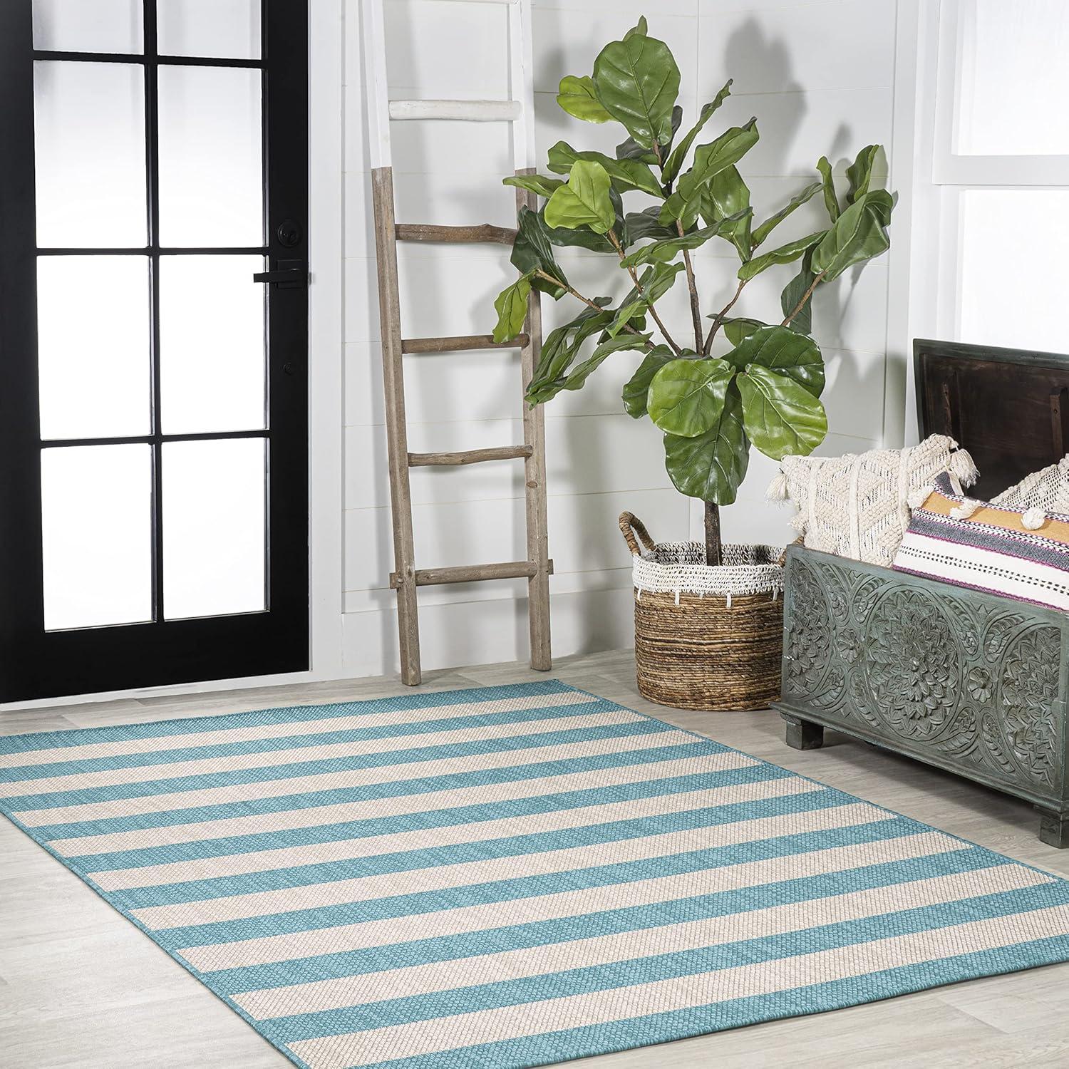 3' x 5' Negril Two-Tone Wide Stripe Indoor/Outdoor Area Rug, Aqua/Cream - JONATHAN Y