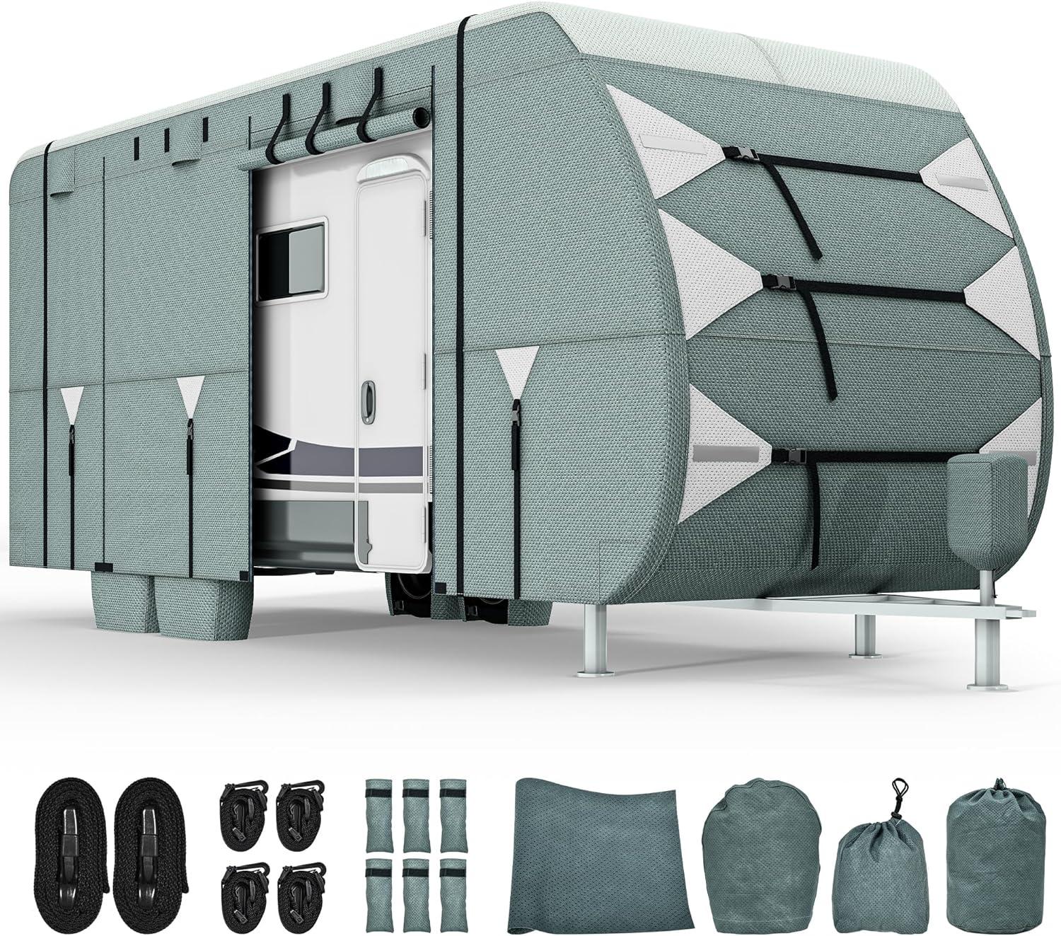 Travel Tailer RV Cover Camper Cover 27-30ft Super Thick Waterproof Windproof Anti-UV Rip-Stop Motorhome Covers with 2 Long Straps 4 Tire Covers Tongue Jack Cover