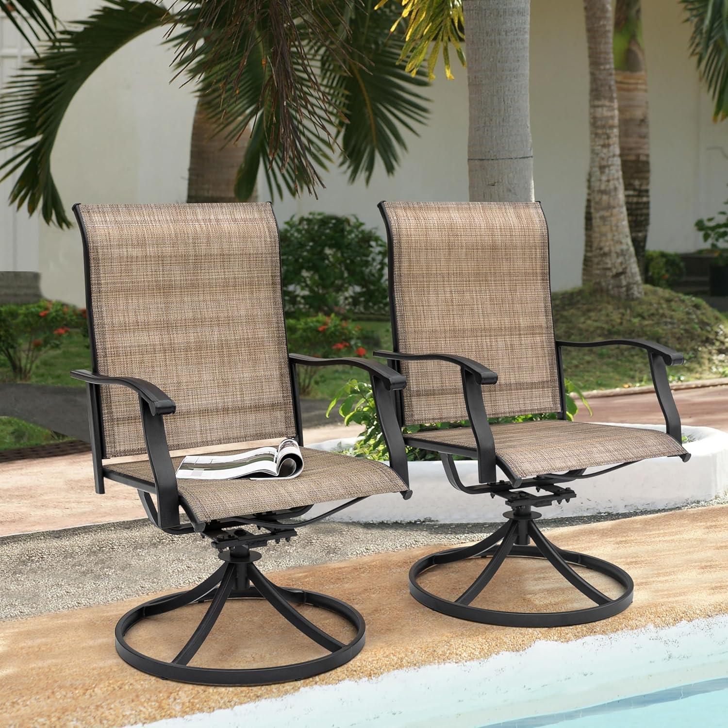 2-Piece Swivel Steel Sling Outdoor Patio Dining Chairs, Brown