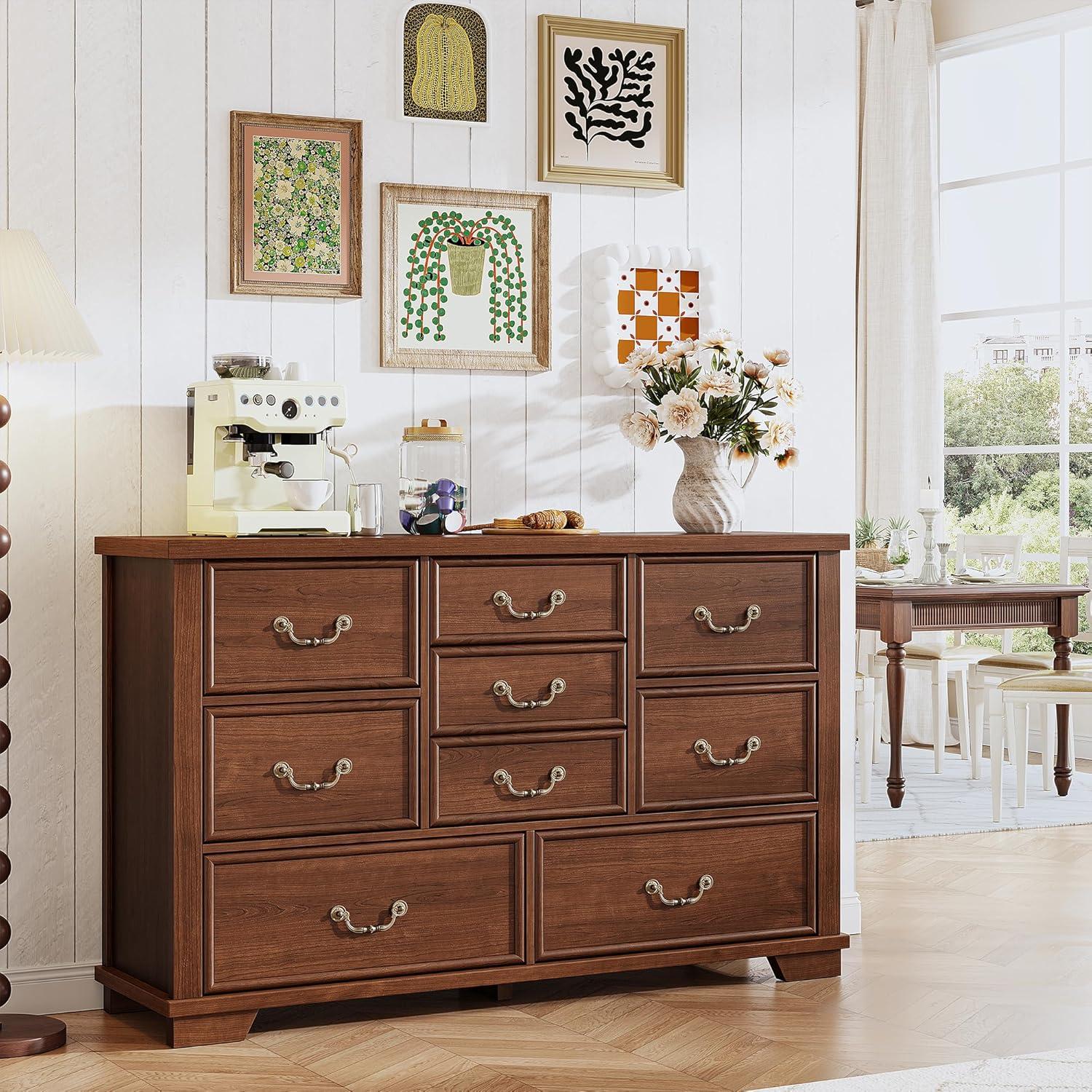 Antique Brown 9-Drawer Rustic Wood Dresser with Metal Handles