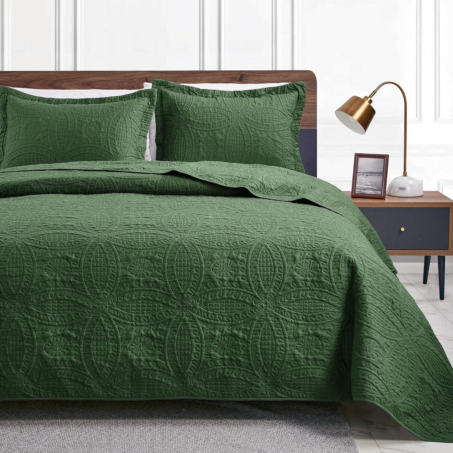 Olive Green Twin Microfiber Quilt Set with Coin Pattern