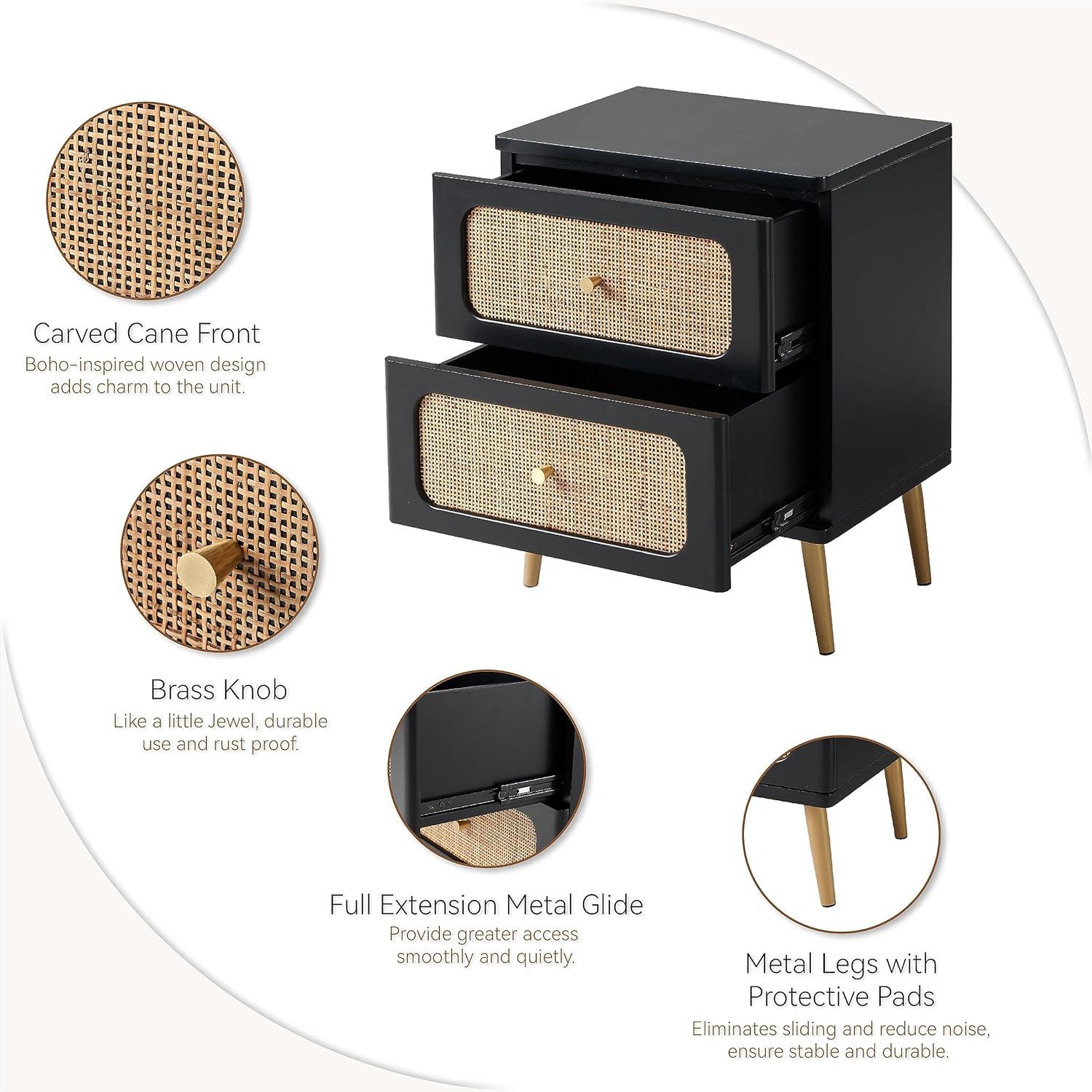 Black Wicker Rattan 2-Drawer Nightstand with Wooden Legs