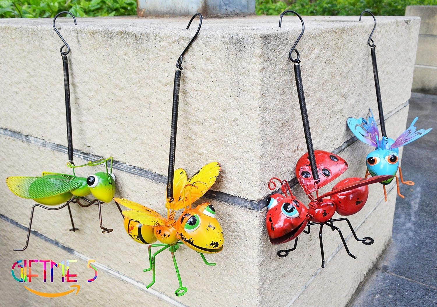 GIFTME 5 Metal Garden Yard Art Hanging Decoration Set of 4 Include Yellow Bee Blue Butterflies Red Ladybug and Green Mantis Perfect The Tree, Porch,Patio or Garden Hanging Wall Sculpture