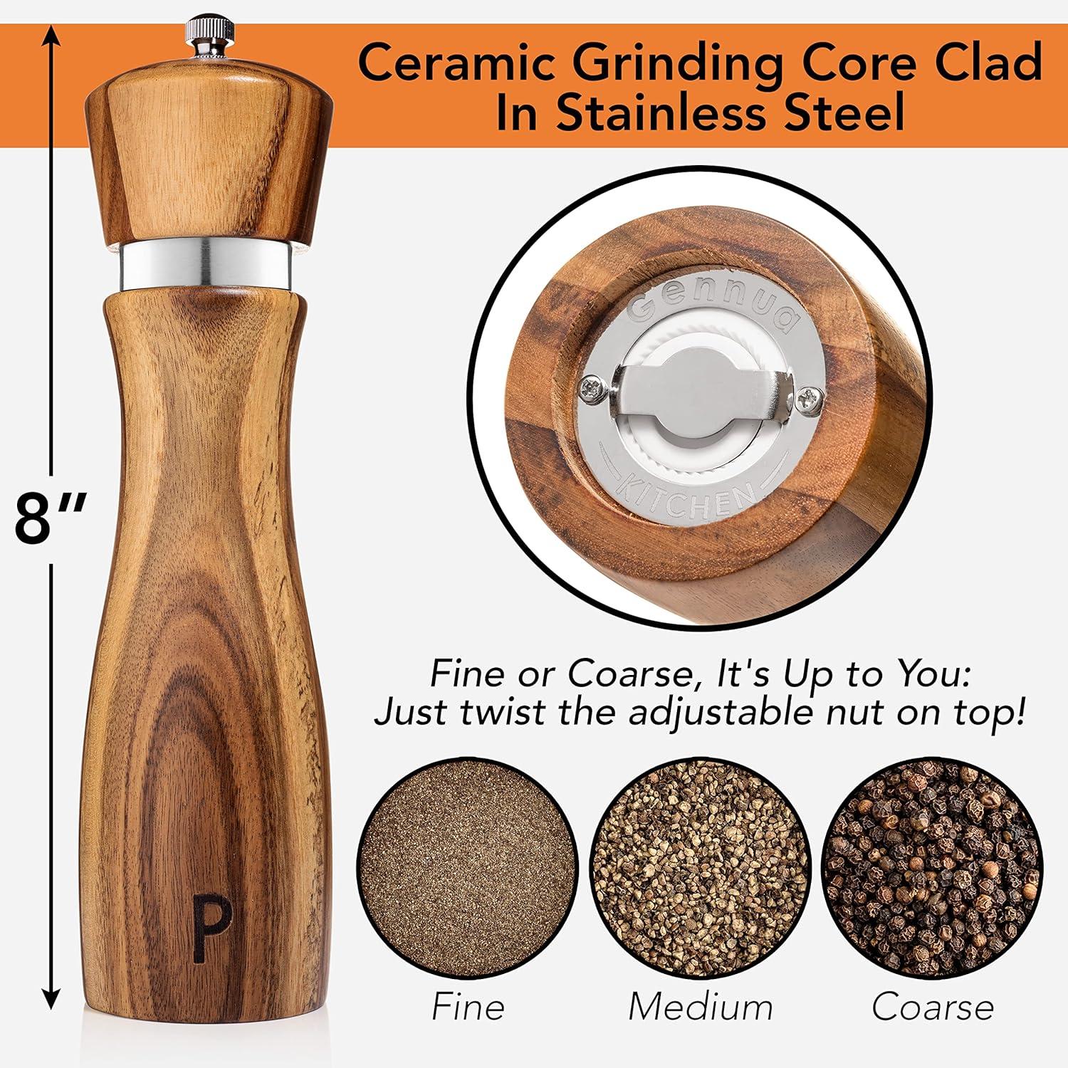 Wooden Salt and Pepper Grinder Set: Refillable Mills for Customized Coarseness - Ergonomic Design - Solid Acacia Wood - Stainless Steel Core - Perfect for Sea Salt and Peppercorns