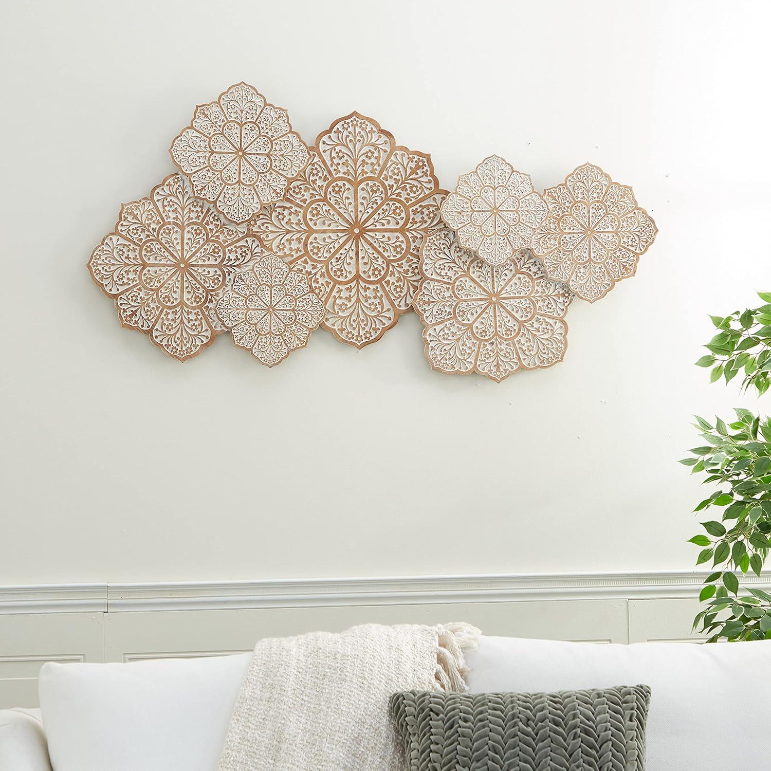 DecMode White Wood Intricately Carved Floral Wall Decor