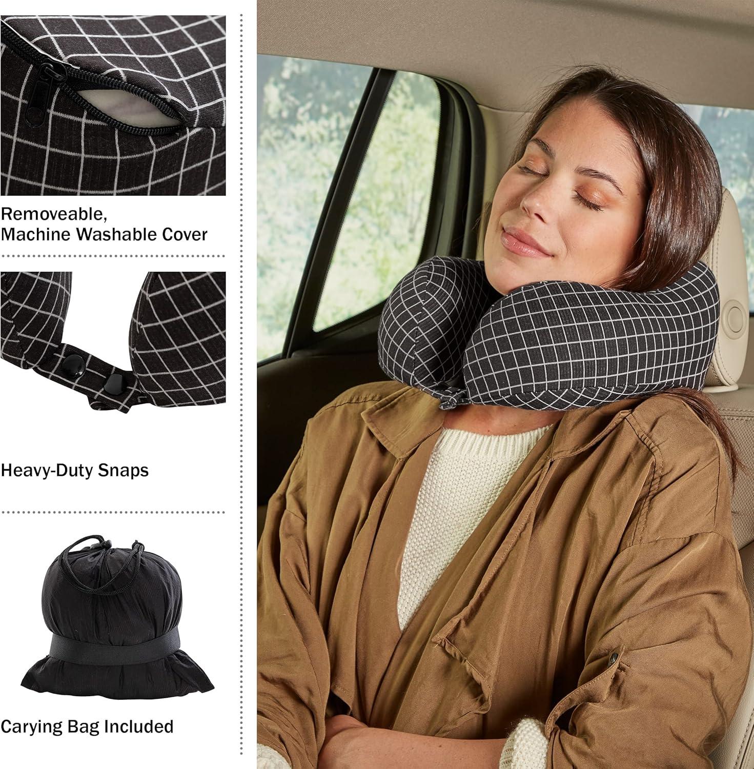 Travel Pillow - Memory Foam Pillow with Washable Cover - Neck Pillows for Sleeping on Airplanes, Trains, Cars, and Buses by Home-Complete (Black)