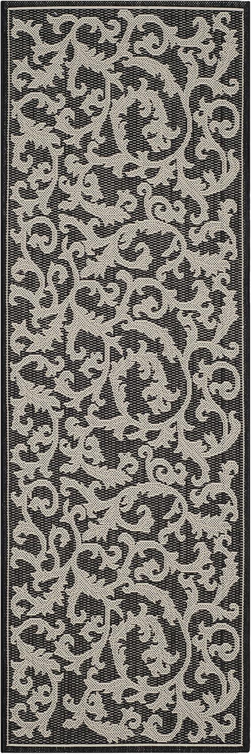 SAFAVIEH Courtyard Kevin Floral Indoor/Outdoor Runner Rug, 2'3" x 14', Black/Sand