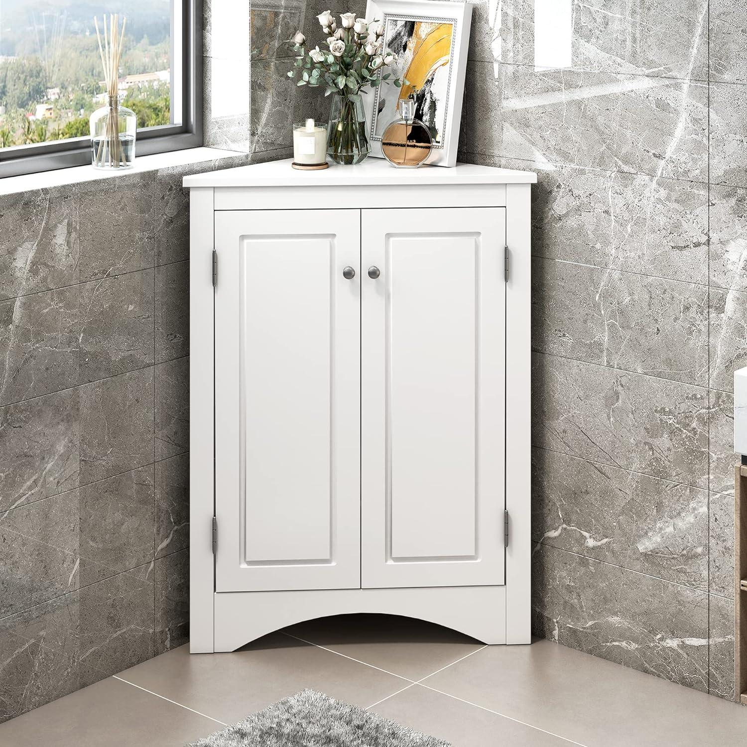 Yardmaster Bathroom Storage Cabinet, Corner Cabinet with 2 Doors and Adjustable Shelves, Freestanding Corner Storage Cabinet for Bathroom, Kitchen, Living Room, White