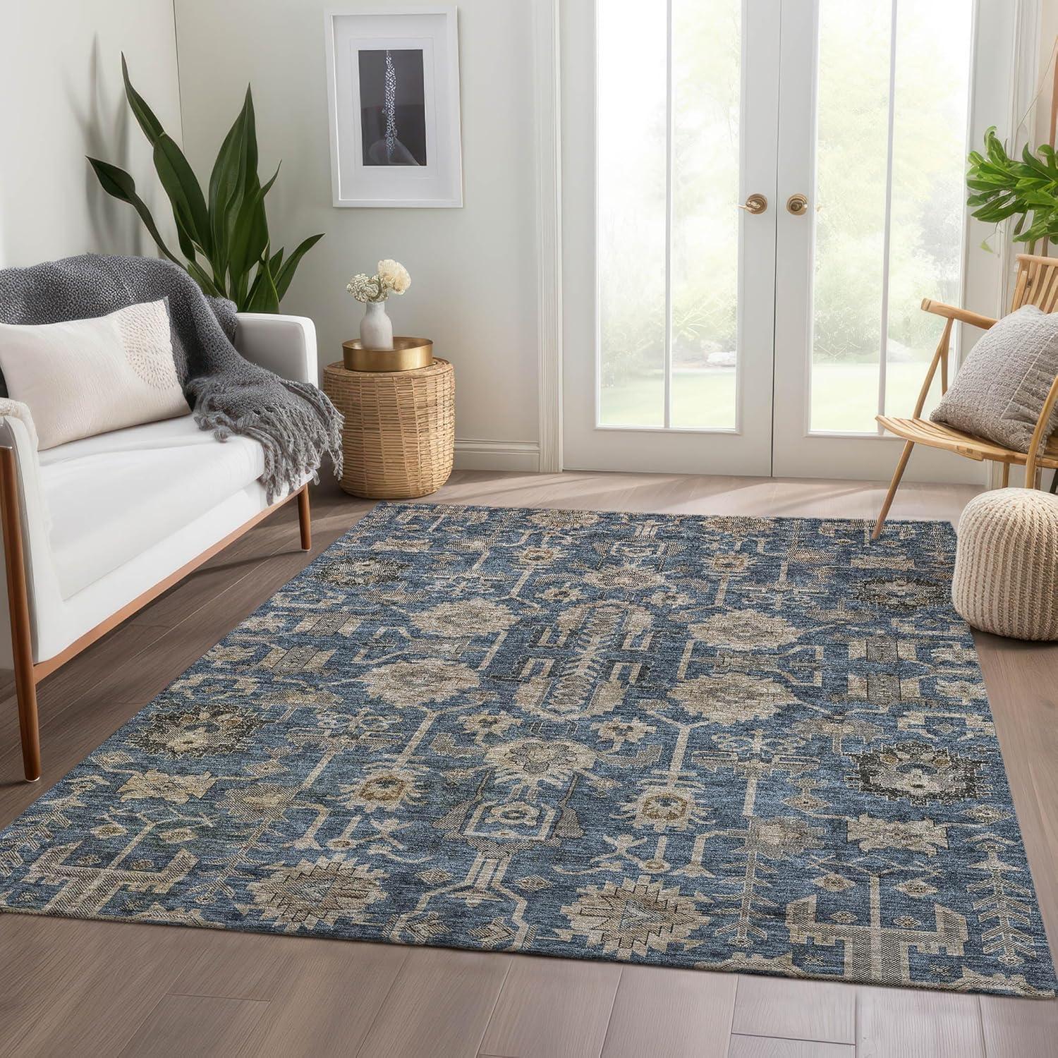 Navy and Beige Synthetic Flat Woven 8' x 10' Oriental Rug