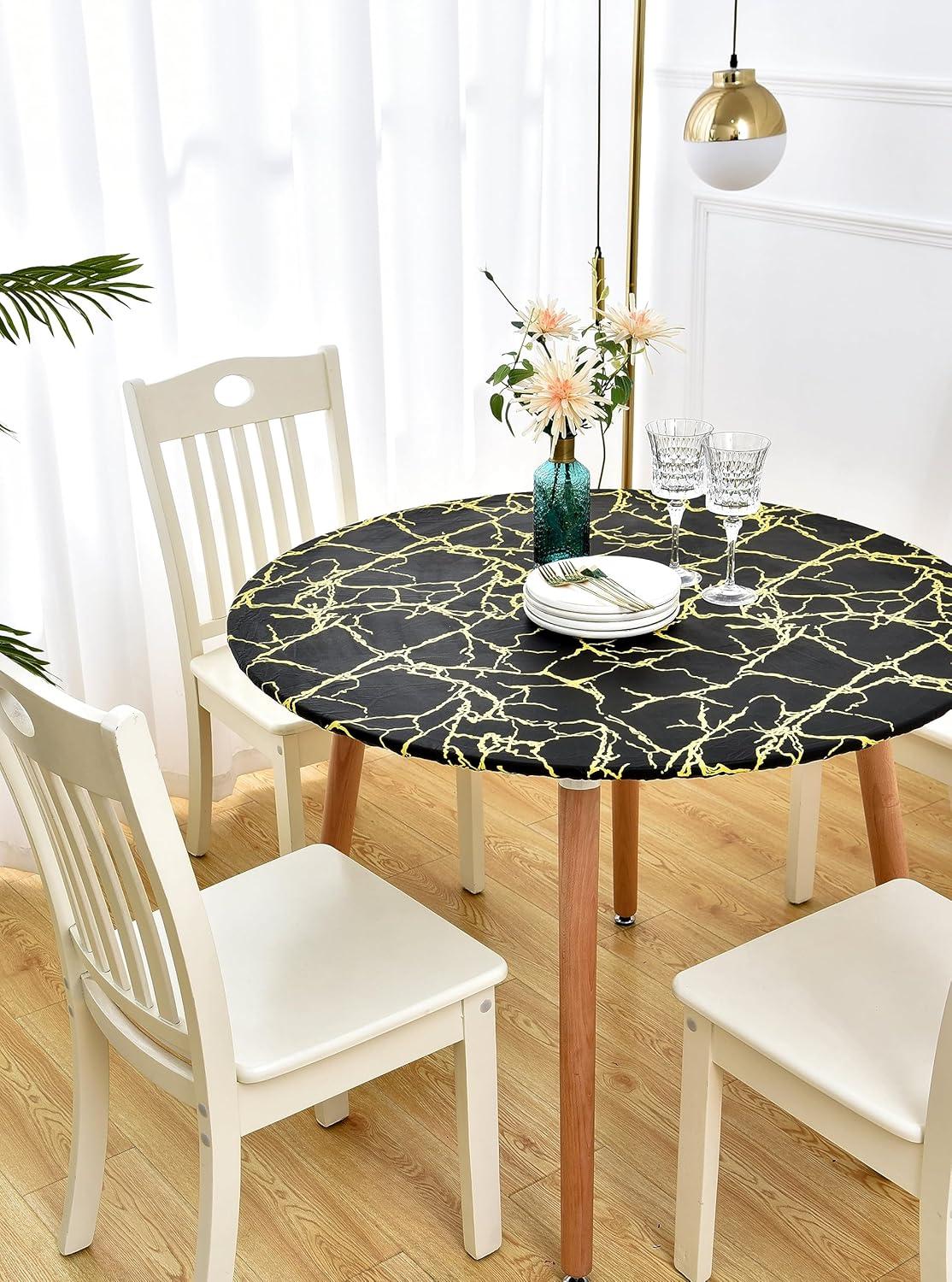 Rally Home Goods Indoor Outdoor Patio Round Fitted Vinyl Tablecloth, Flannel Backing, Elastic Edge, Waterproof Wipeable Plastic Cover, Beige Marble Pattern for 5-Seat Table of 36-42’’ Diameter