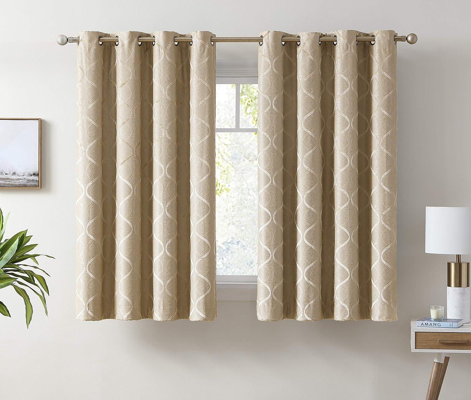 HLC.ME Versailles Lattice Flocked 100% Complete Blackout Thermal Insulated Window Curtain Grommet Panels, Set of 2 - Taupe, 50 W x 63 L