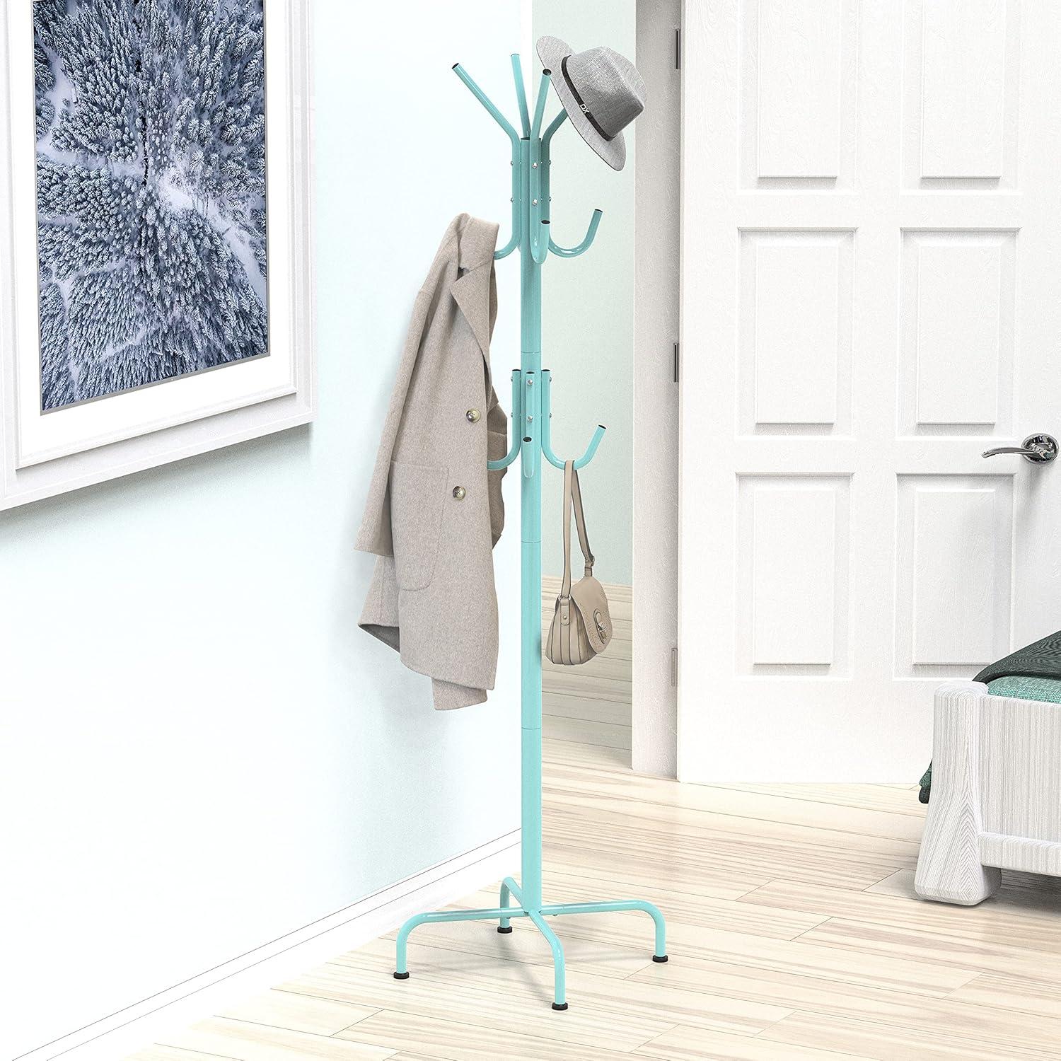 Simple Houseware Free Standing Coat and Hat Hanger Organizer Rack for Entryway, Bedroom, and Hallway, 12 Hooks, Turquoise