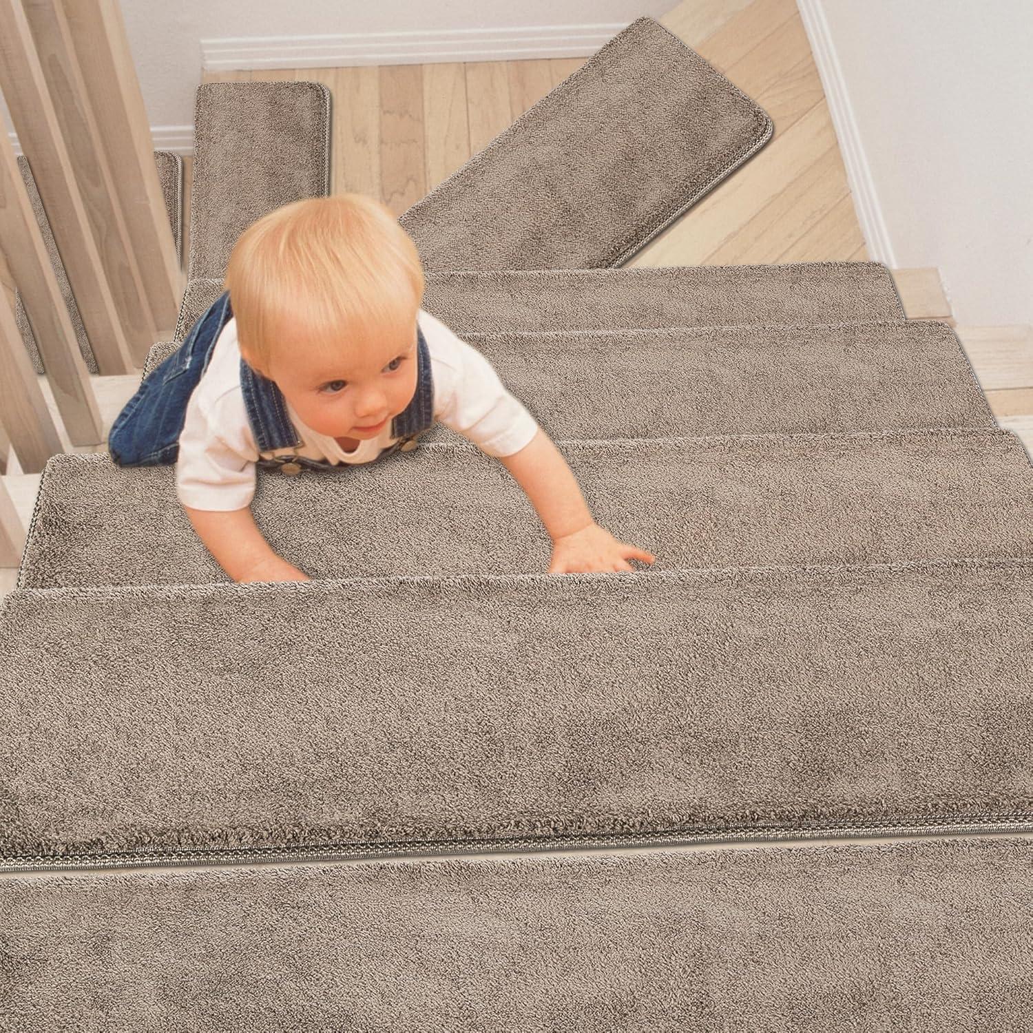 Soft Plush Brown 9.5 in. x 30 in. x 1.2 in. Bullnose Indoor Stair Tread Cover Tape Free Non-slip Carpet Set of 14