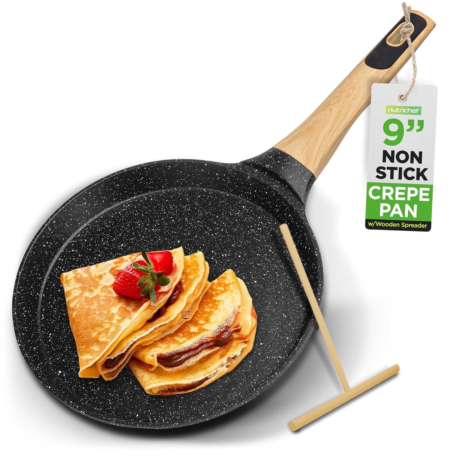 NutriChef Nutrichef 9.45” Non-Stick Crepe Pan With Wooden Spreader, Durable Marble Coated Dosa Pan, Bakelite Handle And Induction Bottom, Pfoa/Pfos Free, Dishwasher Safe, Even Heat Distribution