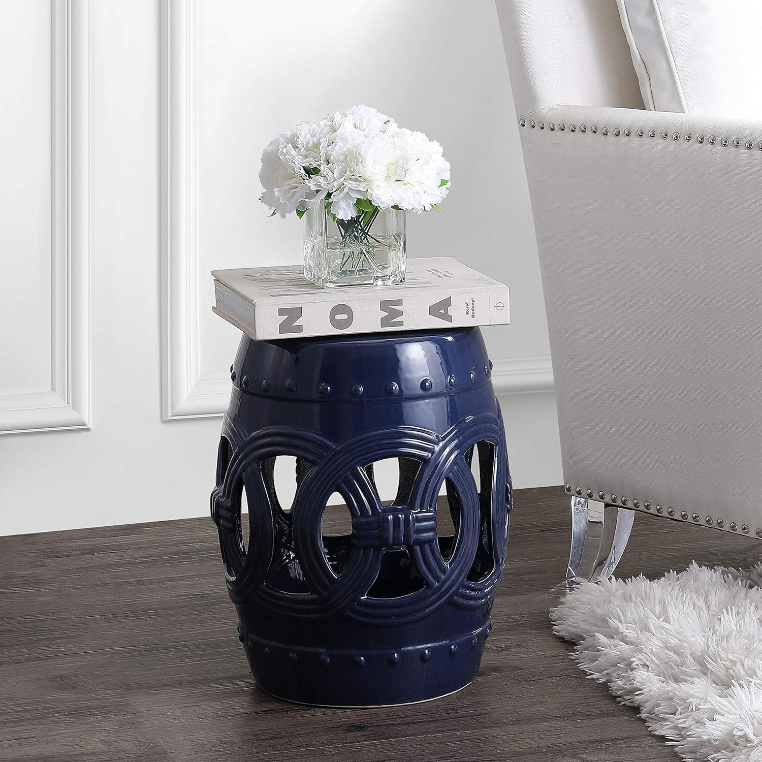 Lucky Coins 16" Eastern-Inspired Ceramic Drum Garden Stool, Navy - JONATHAN Y