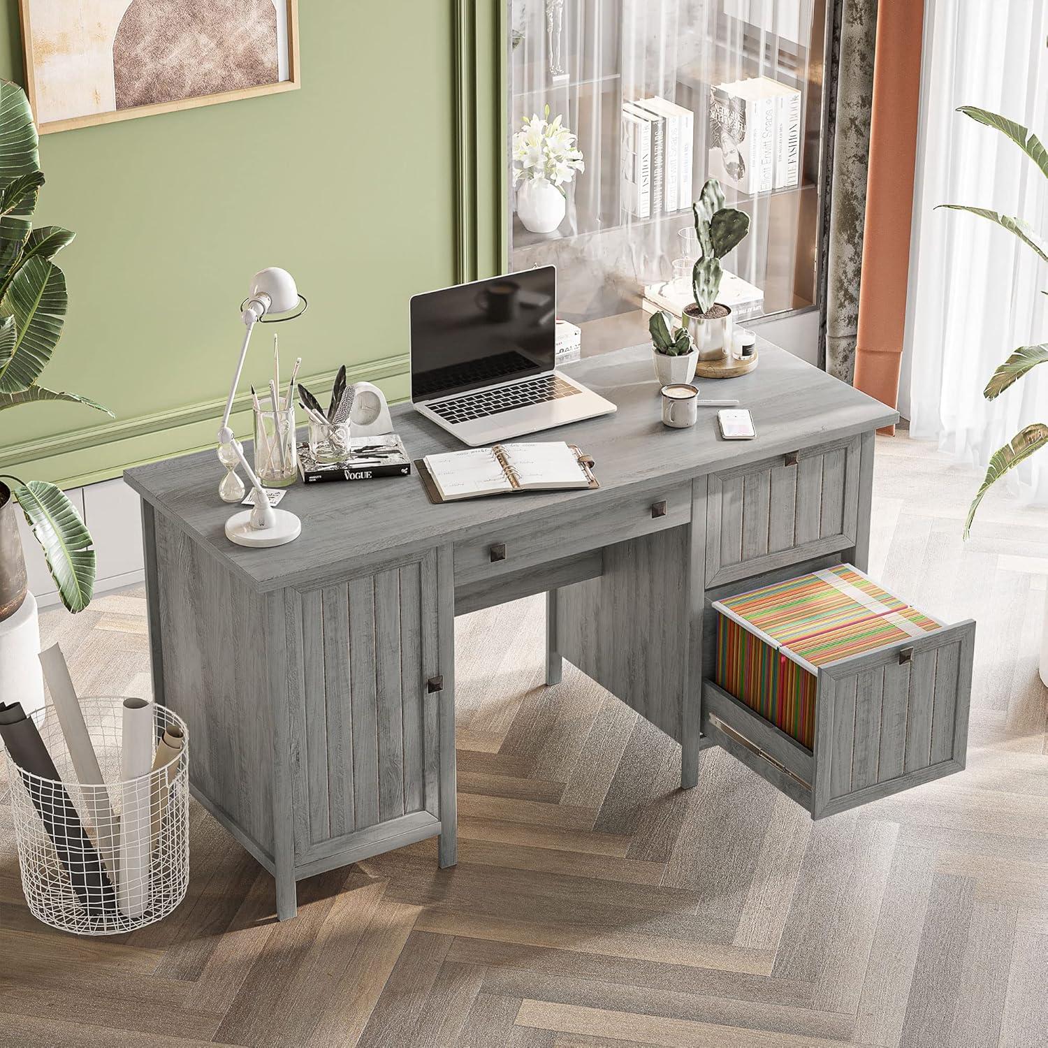 Executive Gray Wood Computer Desk with Filing Cabinet and Drawers