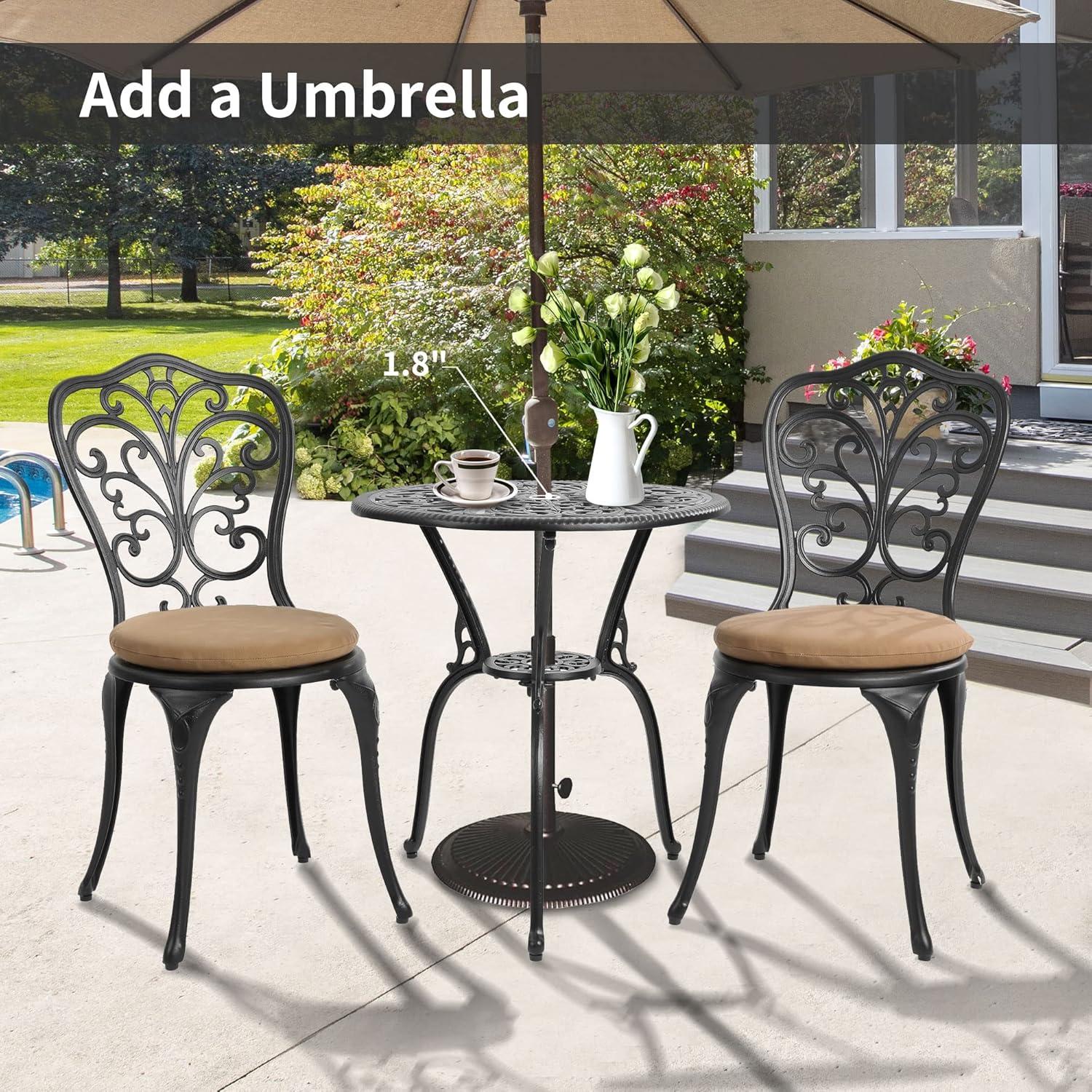 Astoria Grand 3 Piece Outdoor Patio Set Butterfly Pattern Cast Aluminum Bistro Table and Chairs Set of 2 with Cushion Black