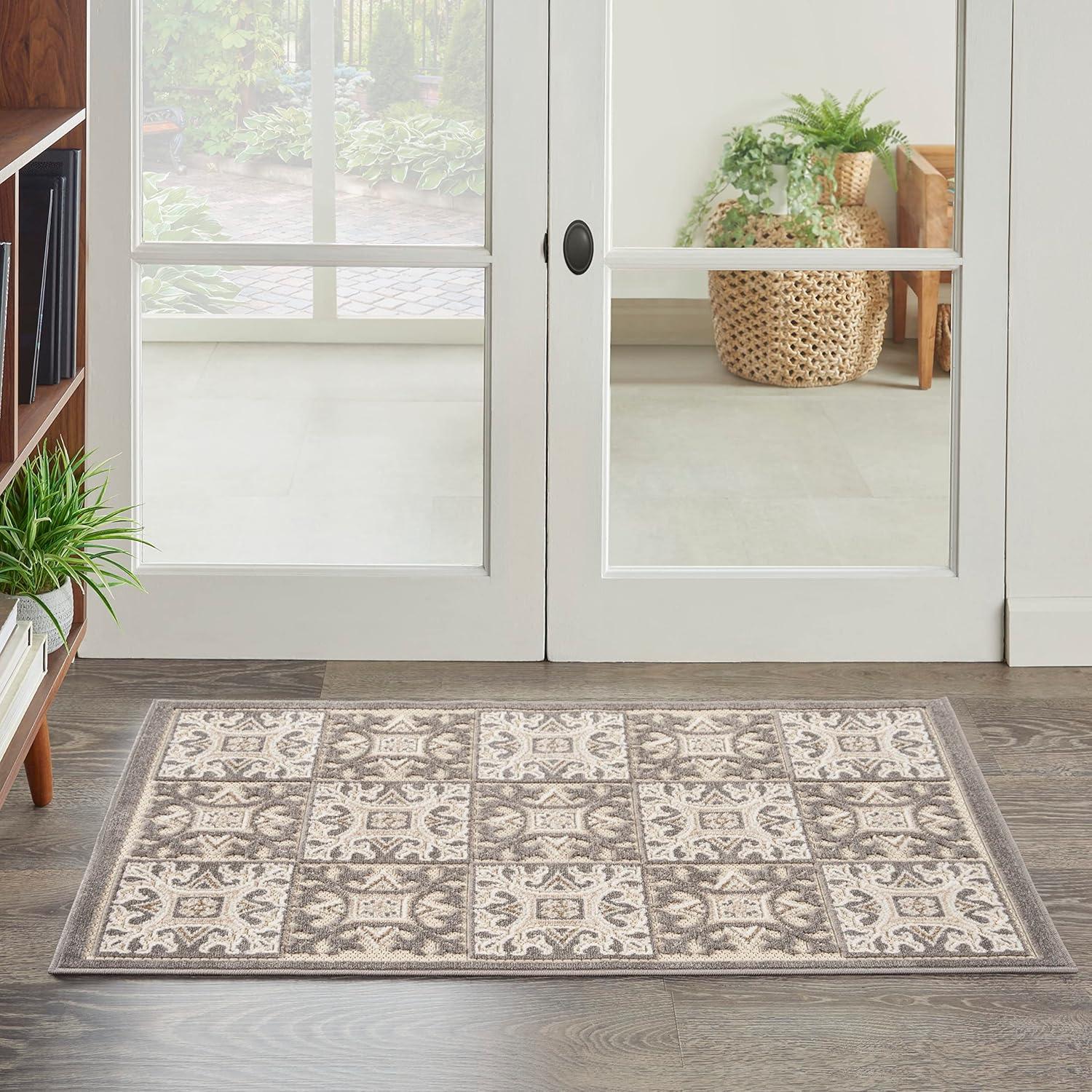 Nourison Aloha Modern Mosaic Flatweave High-Low Indoor Outdoor Area Rug Ivory Grey 2'8" x 4'