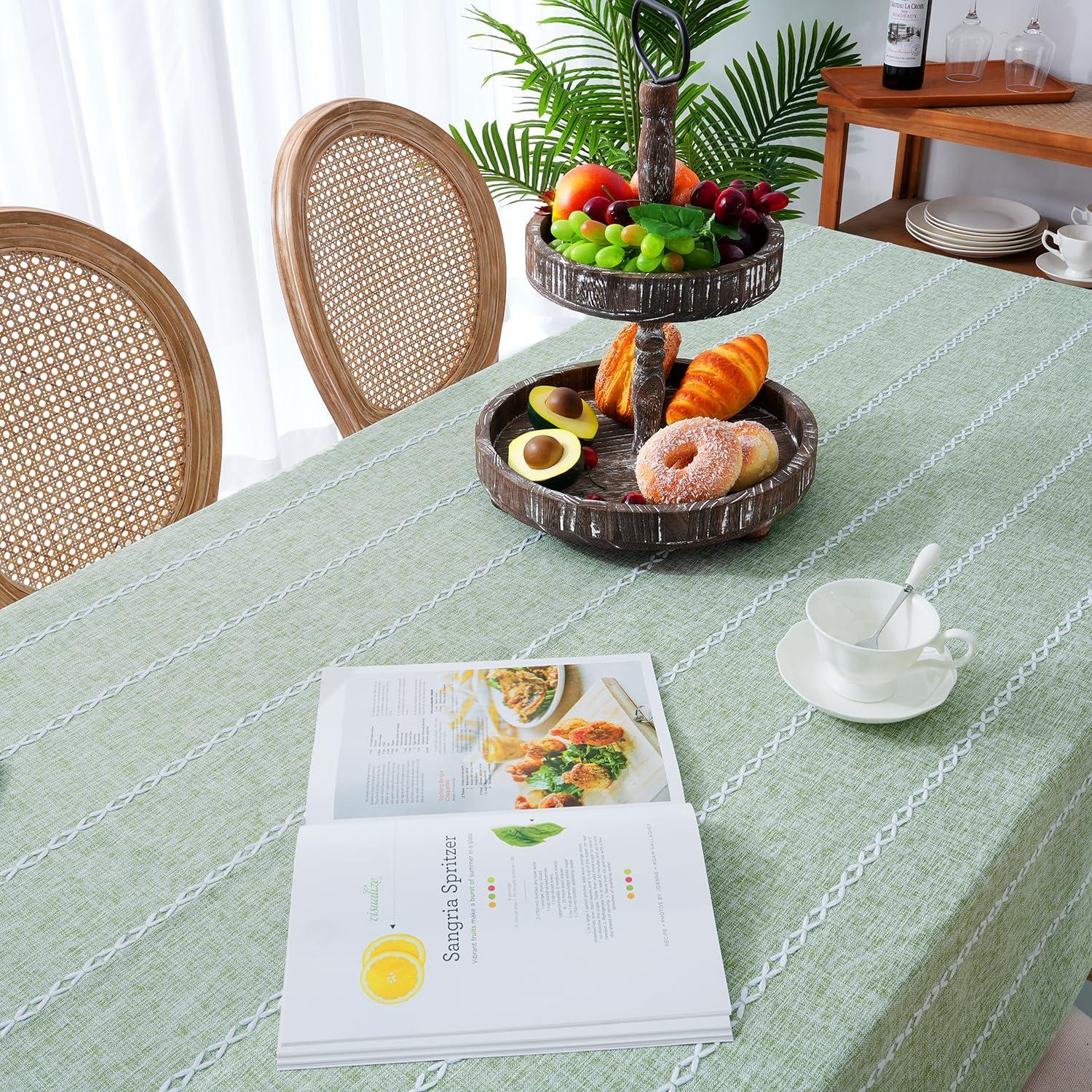 Sage Green Embroidered Cotton Linen Rectangular Tablecloth