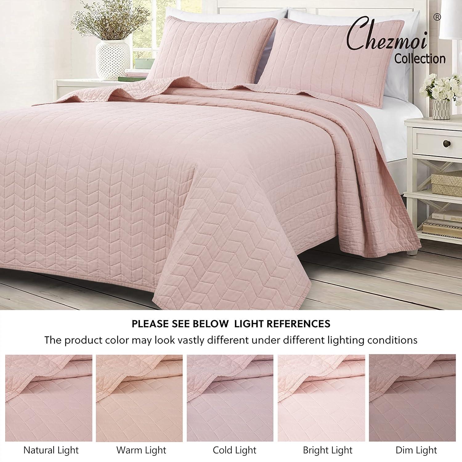 Chezmoi Collection Madrid Herringbone Geometric Solid Cotton Lightweight Quilt, 3-Piece Quilt Set, King, Blush