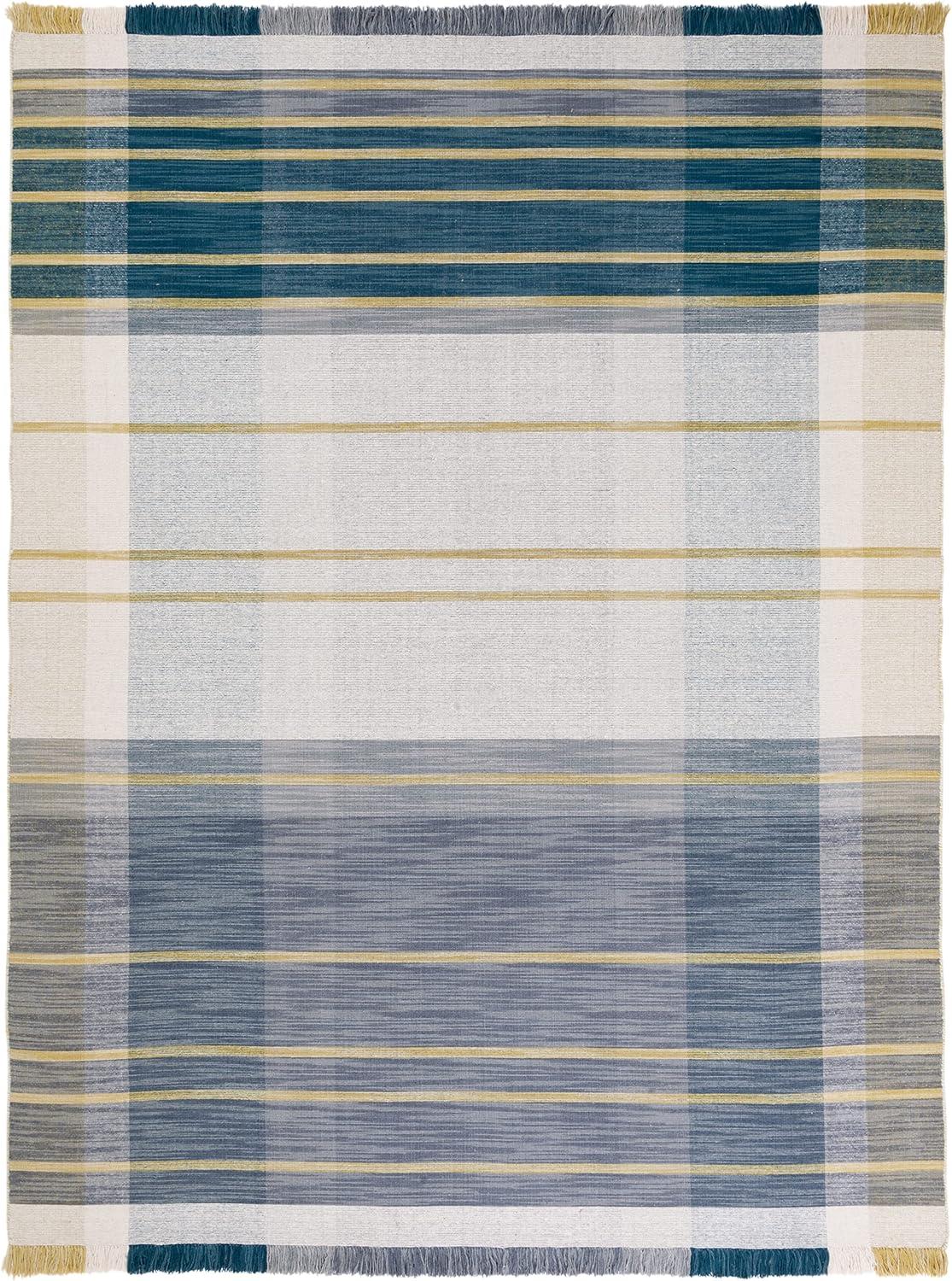 Beige and Teal Striped Wool 9' x 12' Flatweave Area Rug