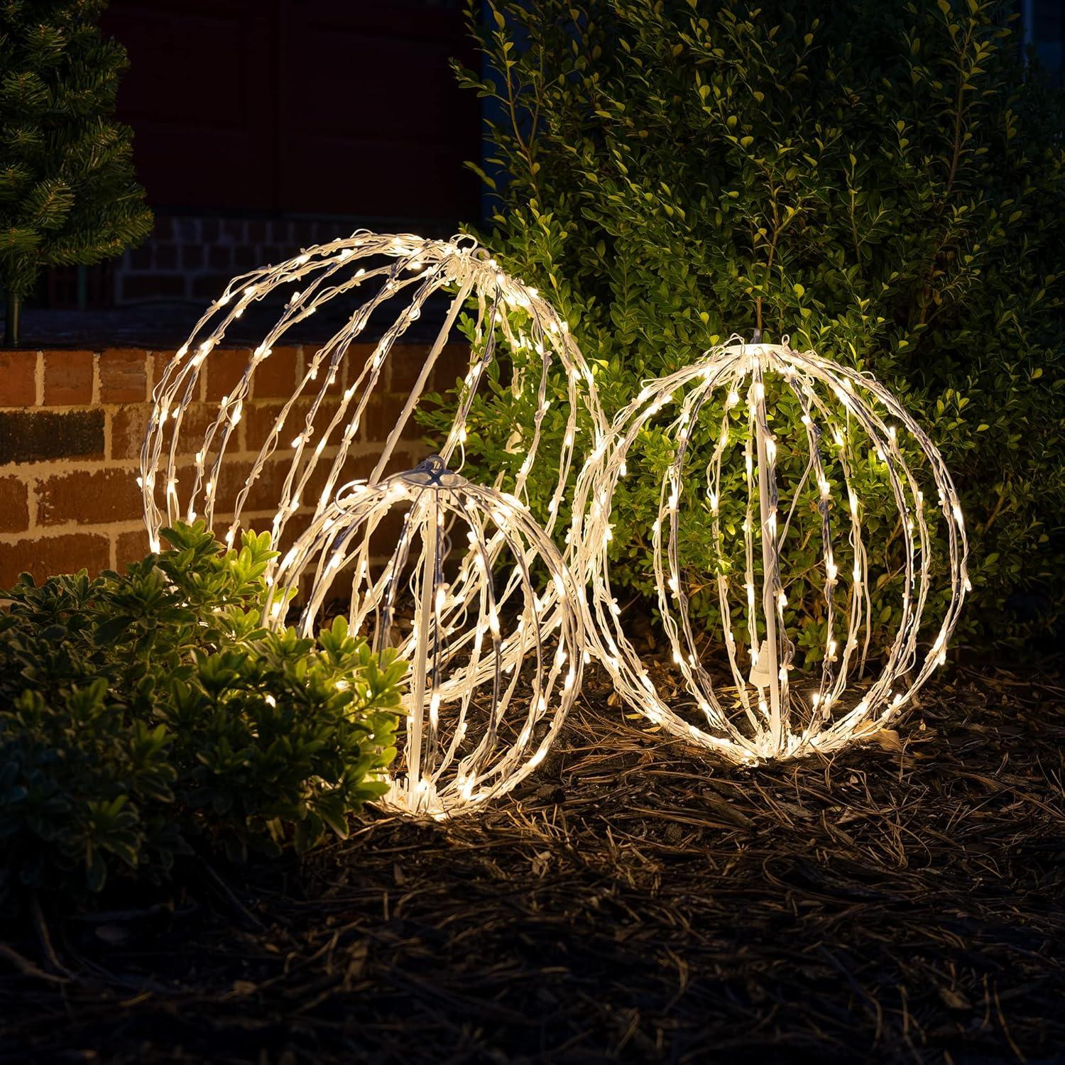 LED Light Ball - Indoor/Outdoor Christmas Light Balls, Light Spheres Outdoor/Sphere Light Fold Flat Metal Frame (16", White Frame/Warm White Lights)