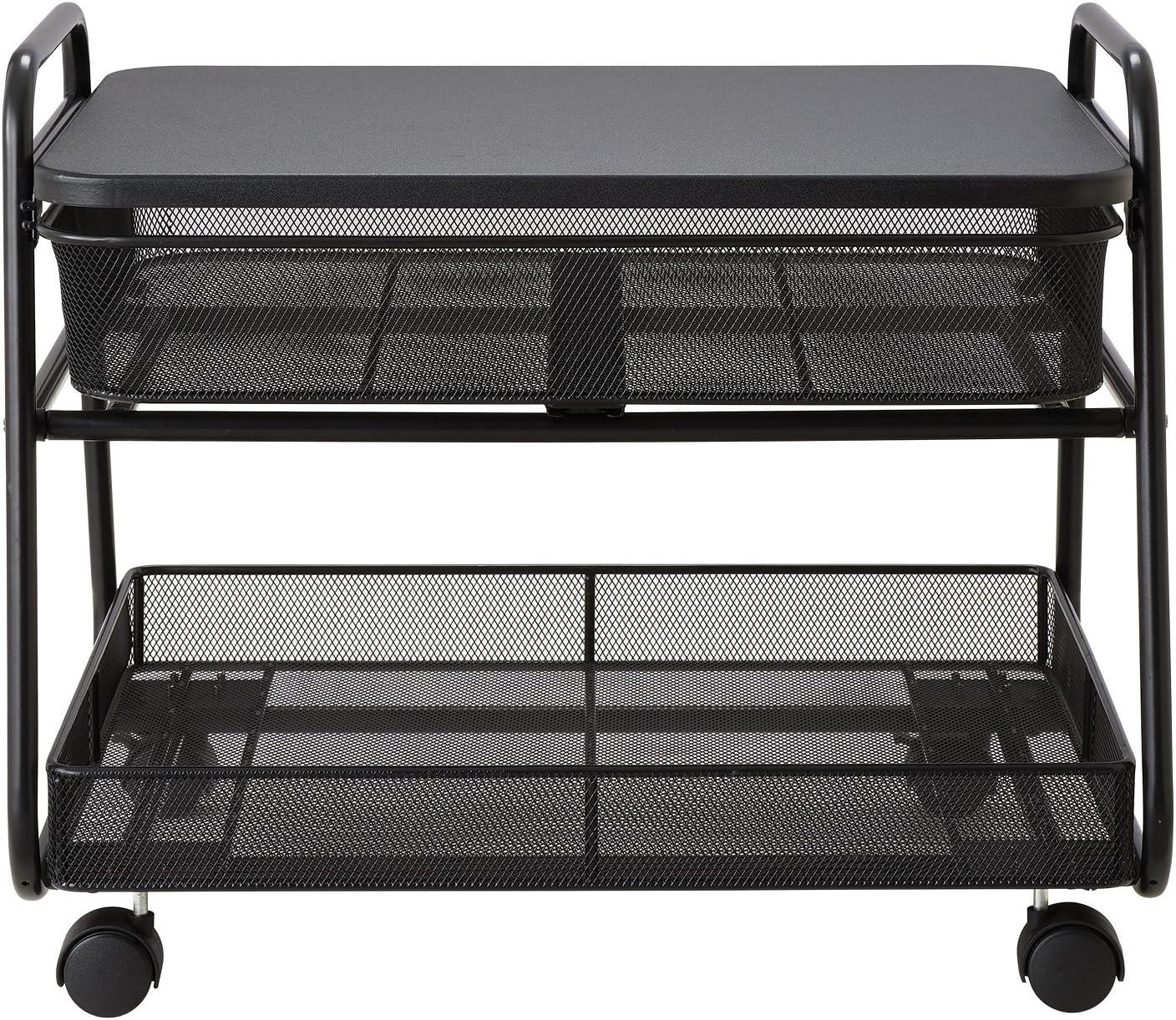 Sleek Black Steel Under-Desk Rolling Stand with Storage Basket & Drawer