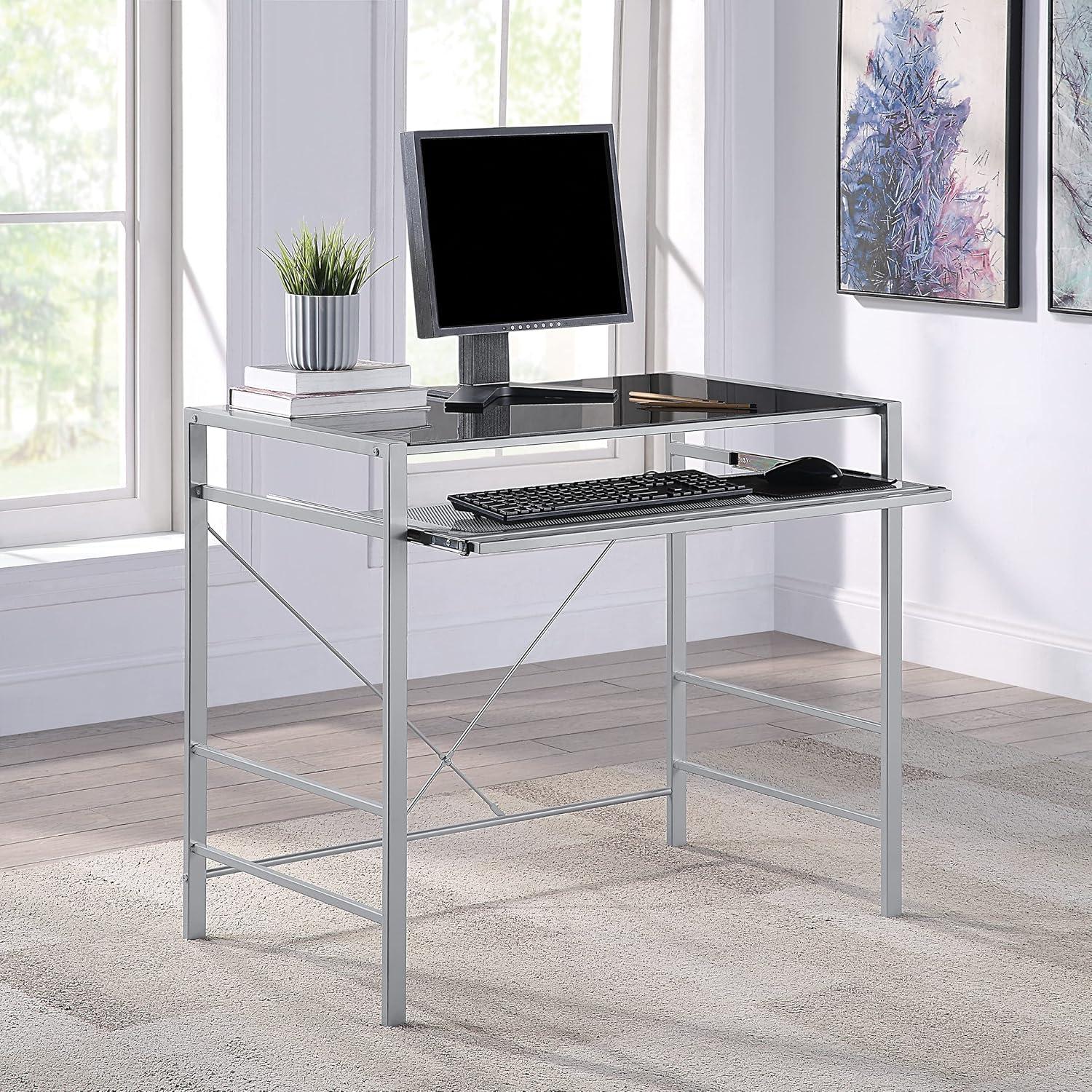 Zephyr Computer Desk with Black Tempered Glass Top and Silver Frame