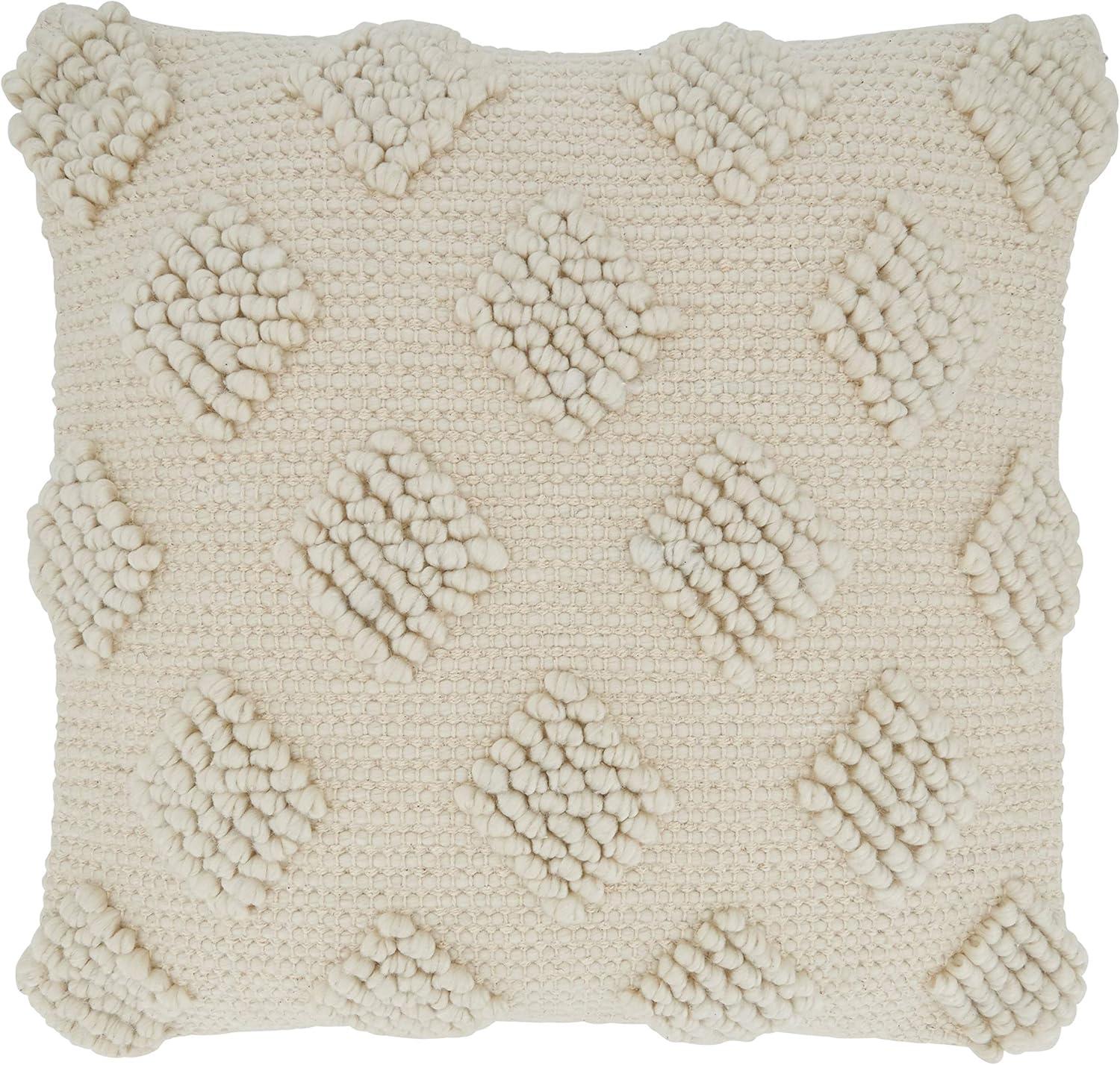 18"x18" Diamond Design with Pom-Poms Square Throw Pillow Cover Ivory - Saro Lifestyle: Bohemian Style, Zippered, Polyester & Cotton Blend