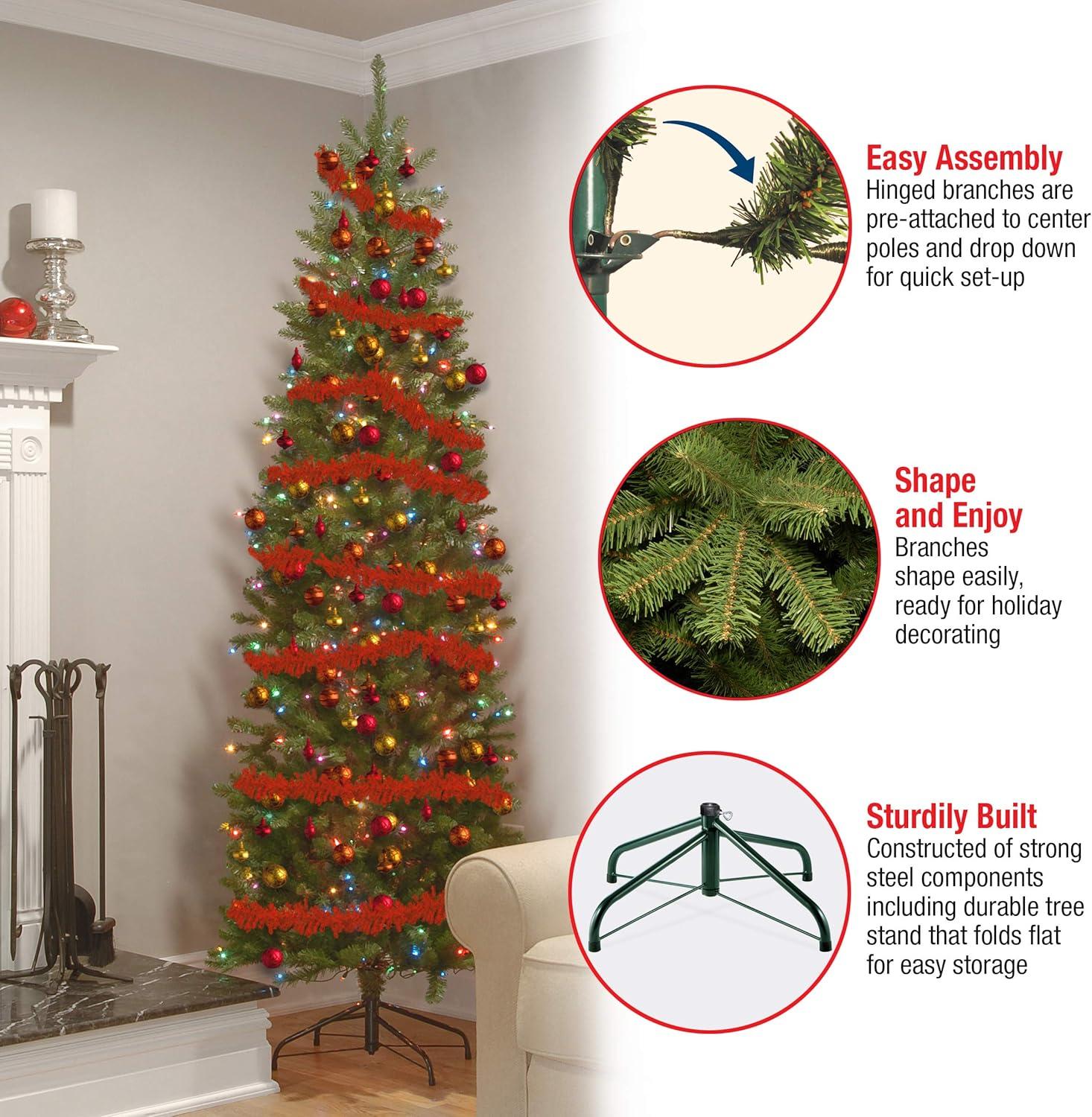 National Tree Company 6.5 ft Artificial Pre-Lit Slim Christmas Tree, Green, Kingswood Fir, Multicolor Lights, Includes Stand