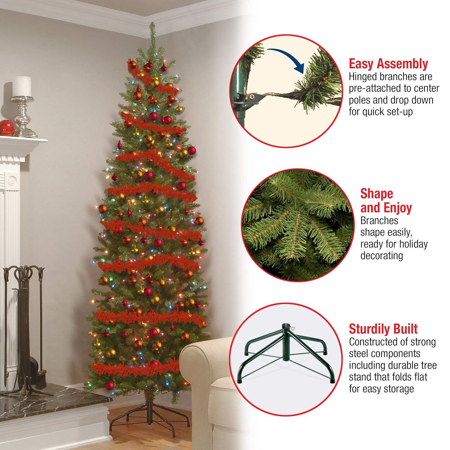 National Tree Company 6.5 ft Artificial Pre-Lit Slim Christmas Tree, Green, Kingswood Fir, Multicolor Lights, Includes Stand
