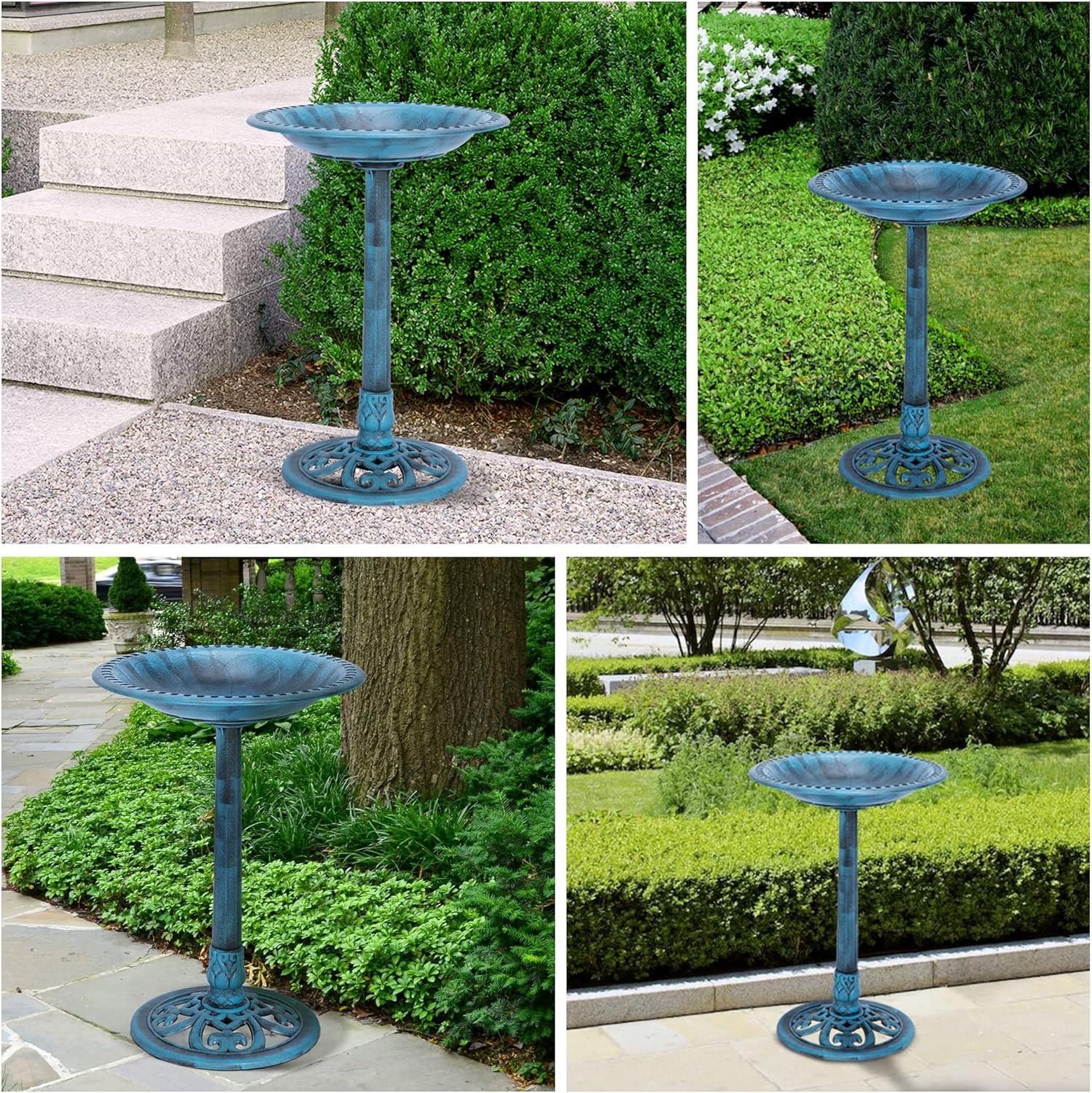 SPECSTAR Bird Bath, 28 inch Height Polyresin Lightweight Antique Outdoor Garden Birdbath Blue