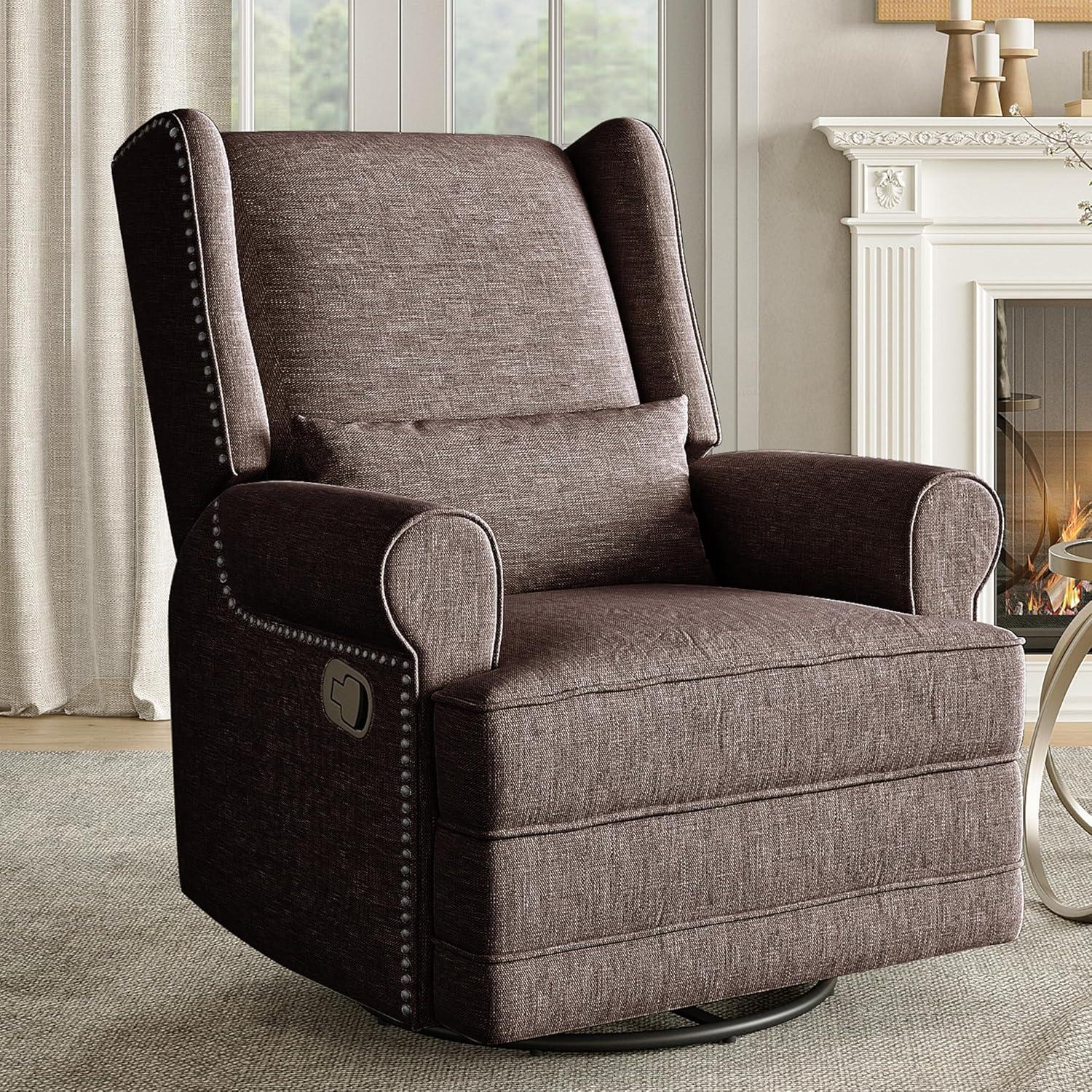 RoyalCraft Swivel Recliner Chair, Comfy Glider Rocking Chairs with Lumbar Pillow and Footrest, Upholstered Swivel Rocking Chair for Bedroom,Nursery,Brown