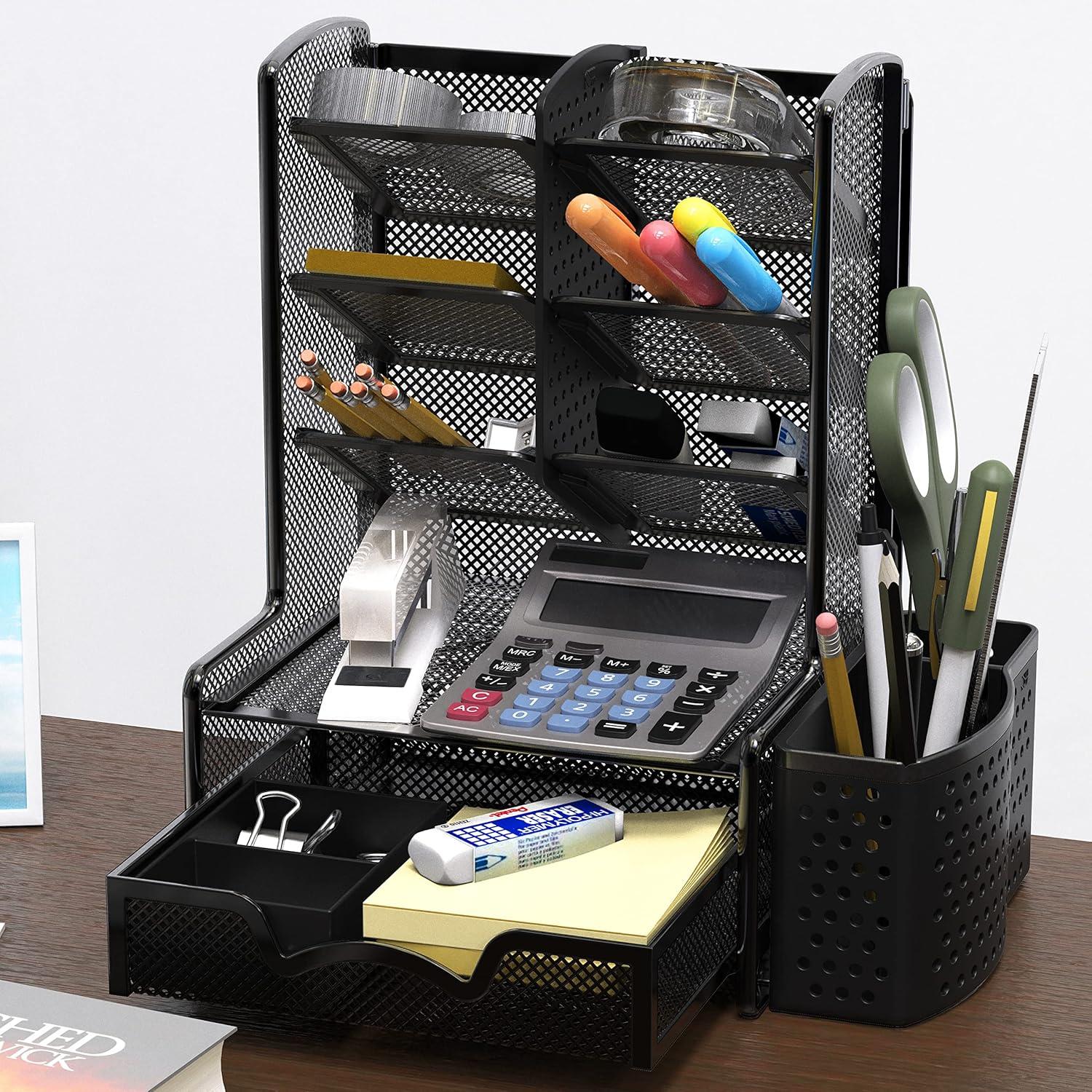 Simple Houseware SHW 6-Compartment Desktop Organizer with Drawer, Black