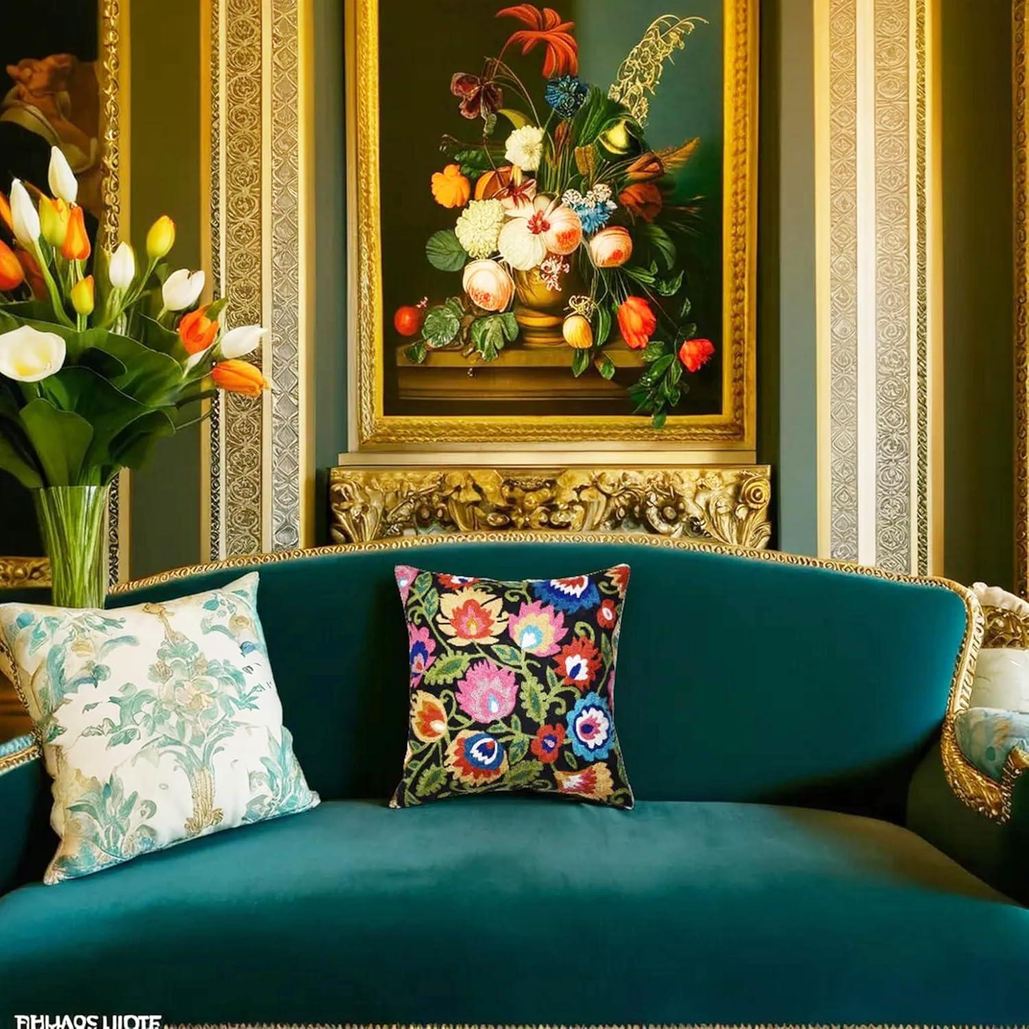 Modern Cream Decorative Floral Pillow Cover Needlepoint White Flower Hand Embroidered Pillowcase Flowery Outdoor Suzani Accent Cushion Boho Chair Modern Chair Pillowsham Wool Size 18x18