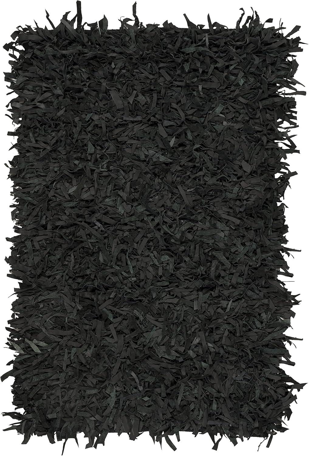 Luxurious Black Leather Hand-Knotted Shag Rug, 3' x 5'