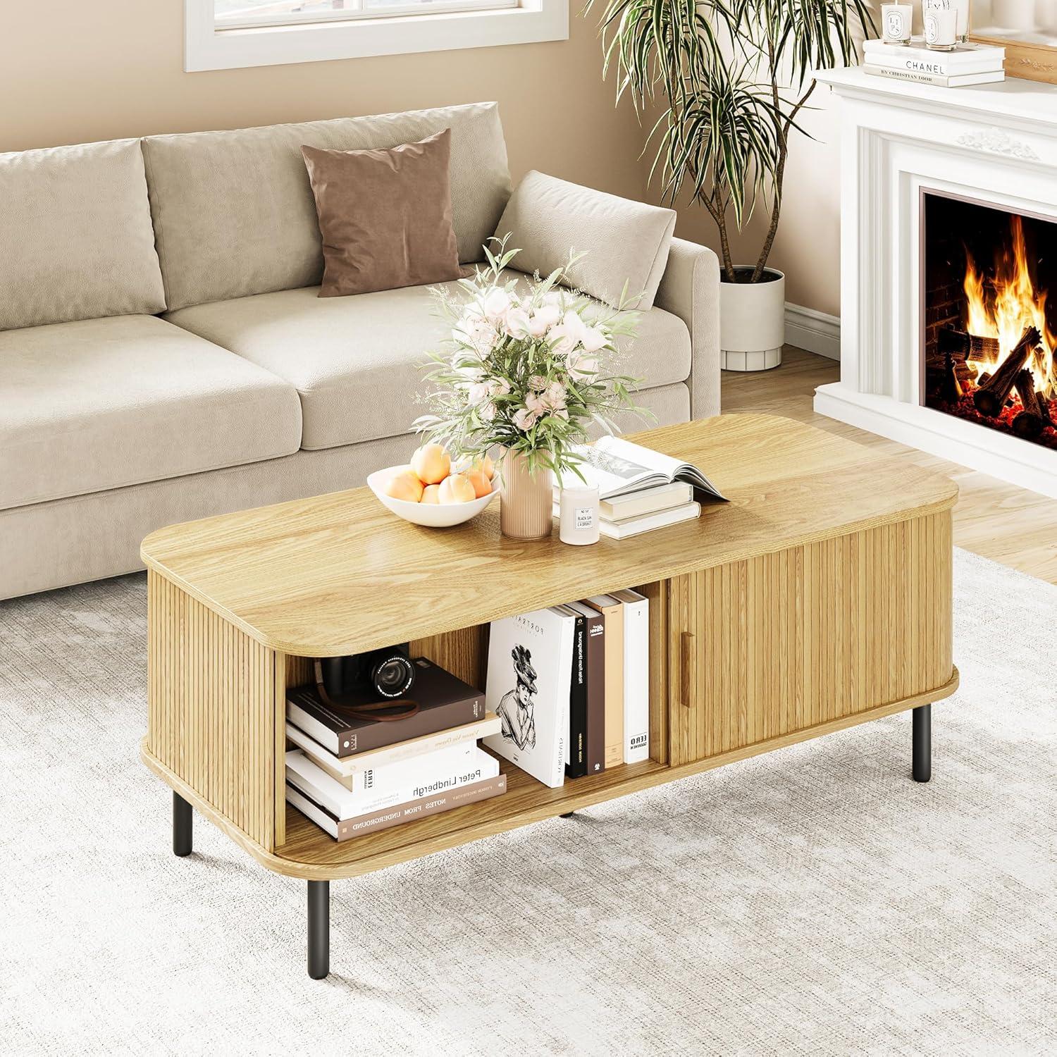 Latitude Run® Coffee Table with Storage, 47.2" Modern Coffee Tables for Living Room, Rectangle Center Table with Sliding Tambour Door & Adjustable Leg for Living Room