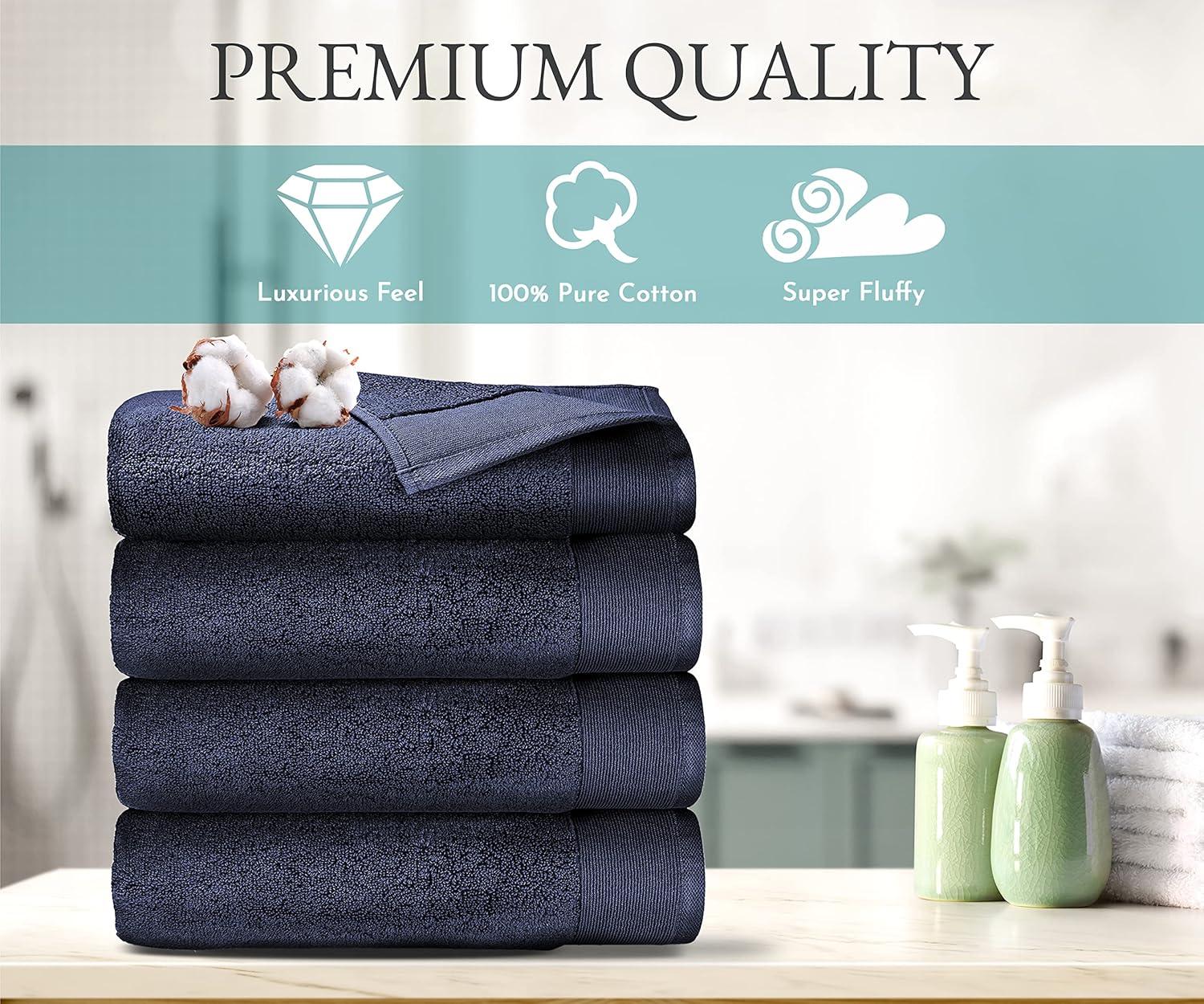 Toallas de Baño 100% Algodón - Paquete de 4, Extra Suaves y Esponjosas, de Secado Rápido y Muy Absorbentes, Calidad de Hotel, Toalla de Ducha, Azul Marino - 27" x 54"