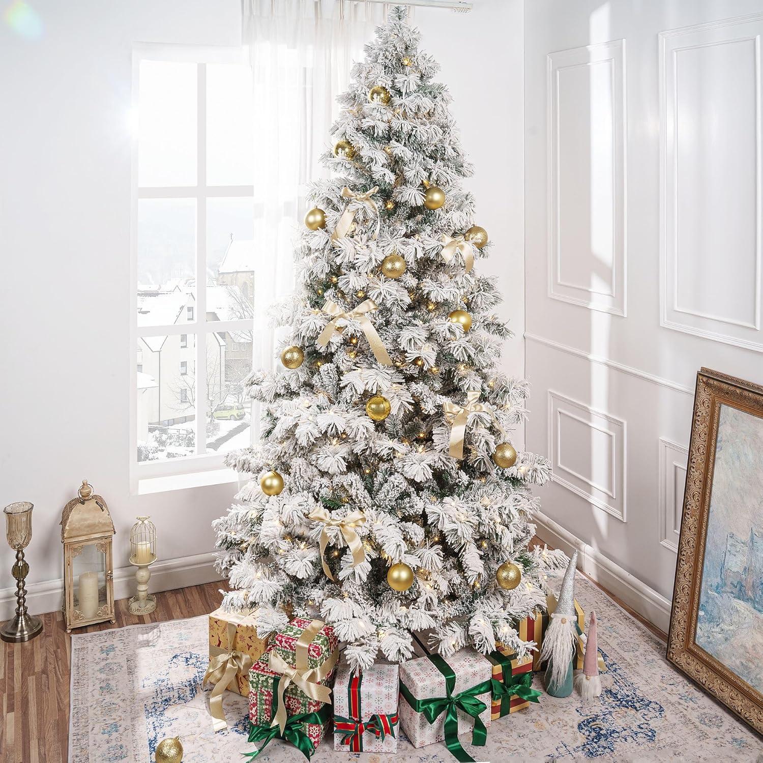 Naomi Home 7.5ft Snow Flocked Christmas Tree with Lights, Realistic Frosted Christmas Tree Prelit with 892 Branch Tips, 550 Warm Lights and Metal Stand, Aritificial Christmas Tree