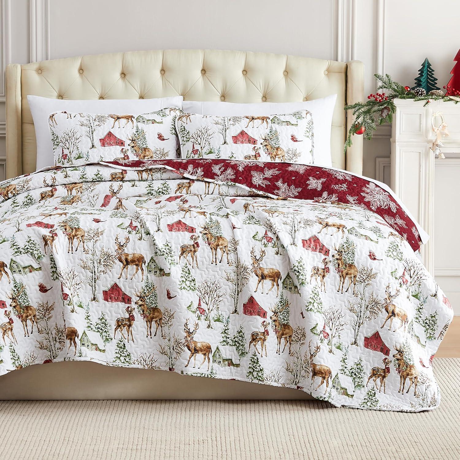 White and Red Reversible Christmas Twin Microfiber Quilt Set